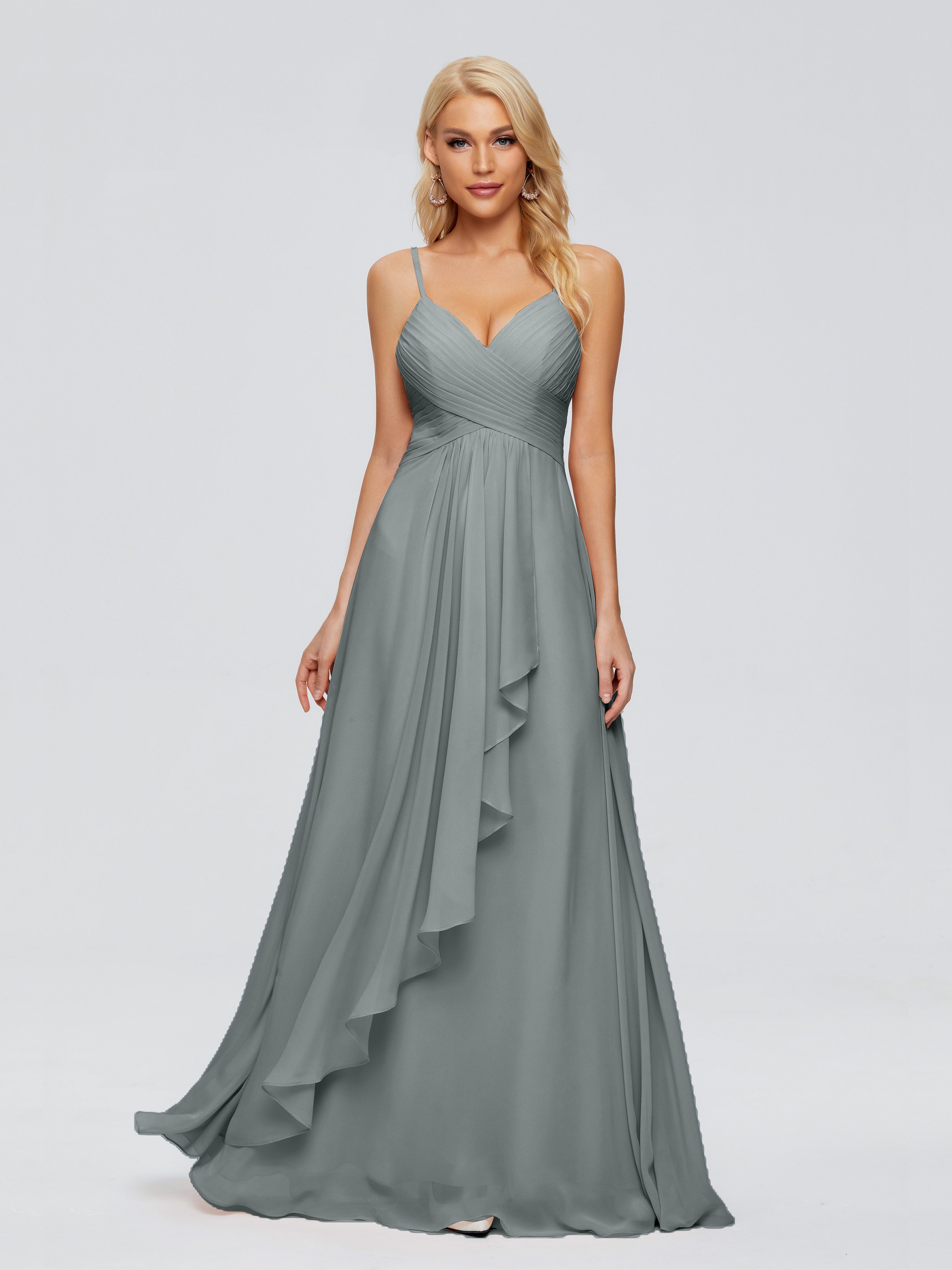 Robe Grise Demoiselle D Honneur Trapèze Bretelles Spaghetti Mousseline Robes Demoiselle D'Honneur