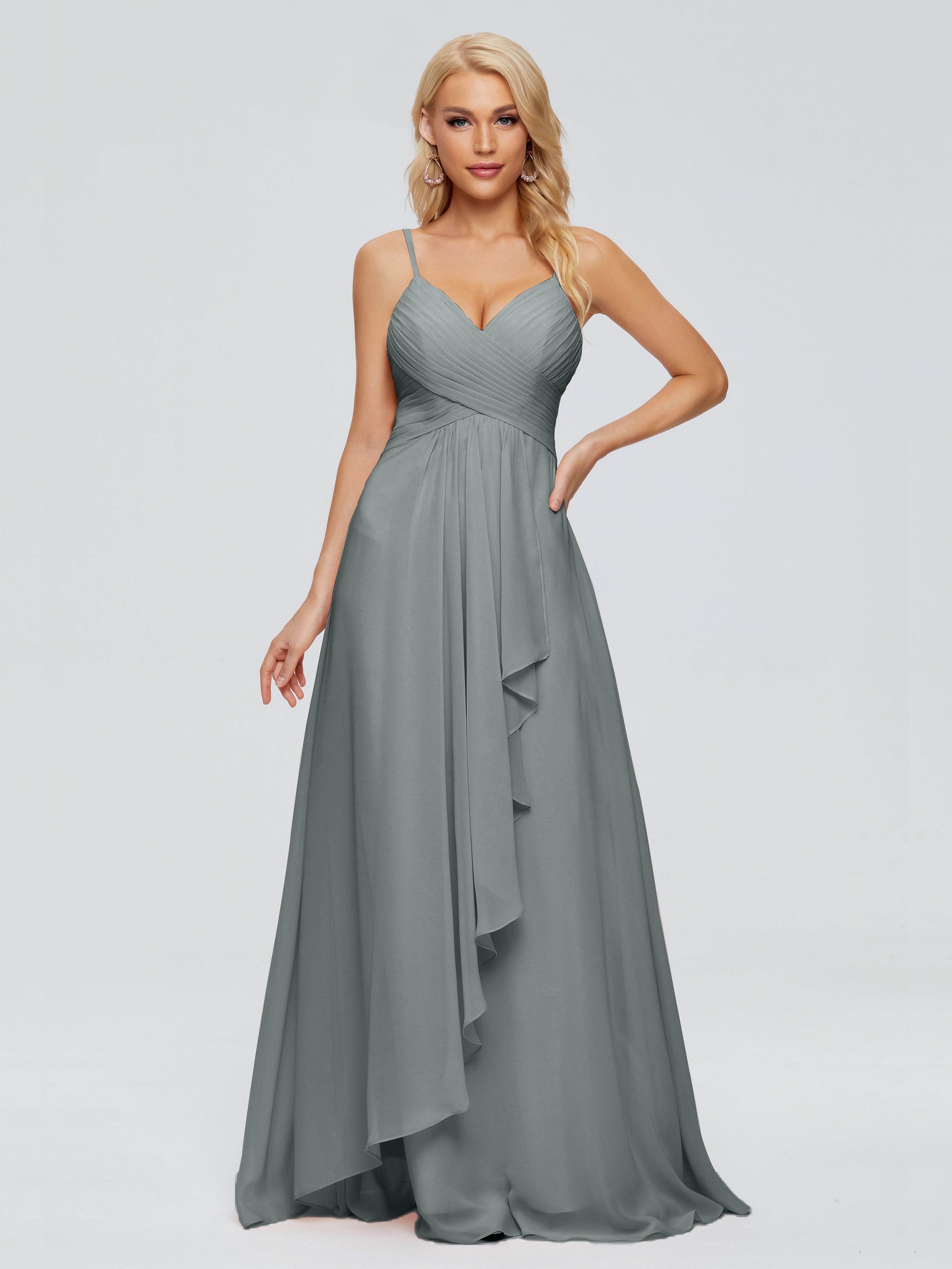 Robe Grise Demoiselle D Honneur Trapèze Bretelles Spaghetti Mousseline Robes Demoiselle D'Honneur