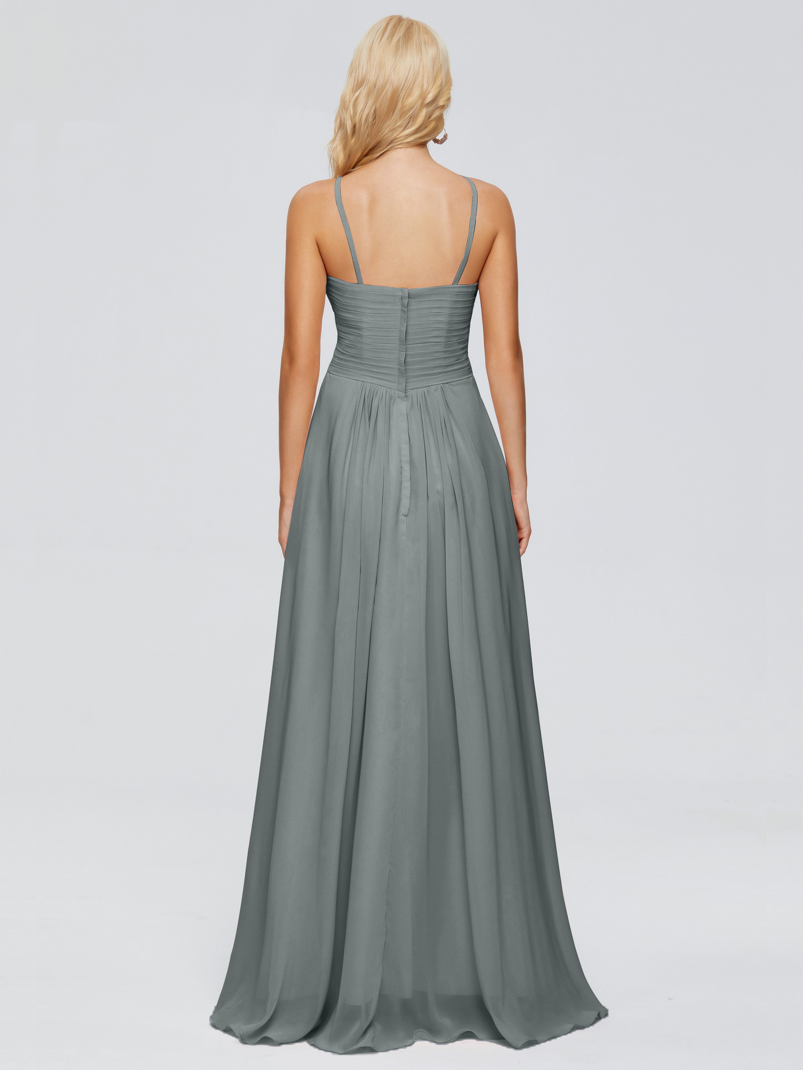 Robe Grise Demoiselle D Honneur Trapèze Bretelles Spaghetti Mousseline Robes Demoiselle D'Honneur