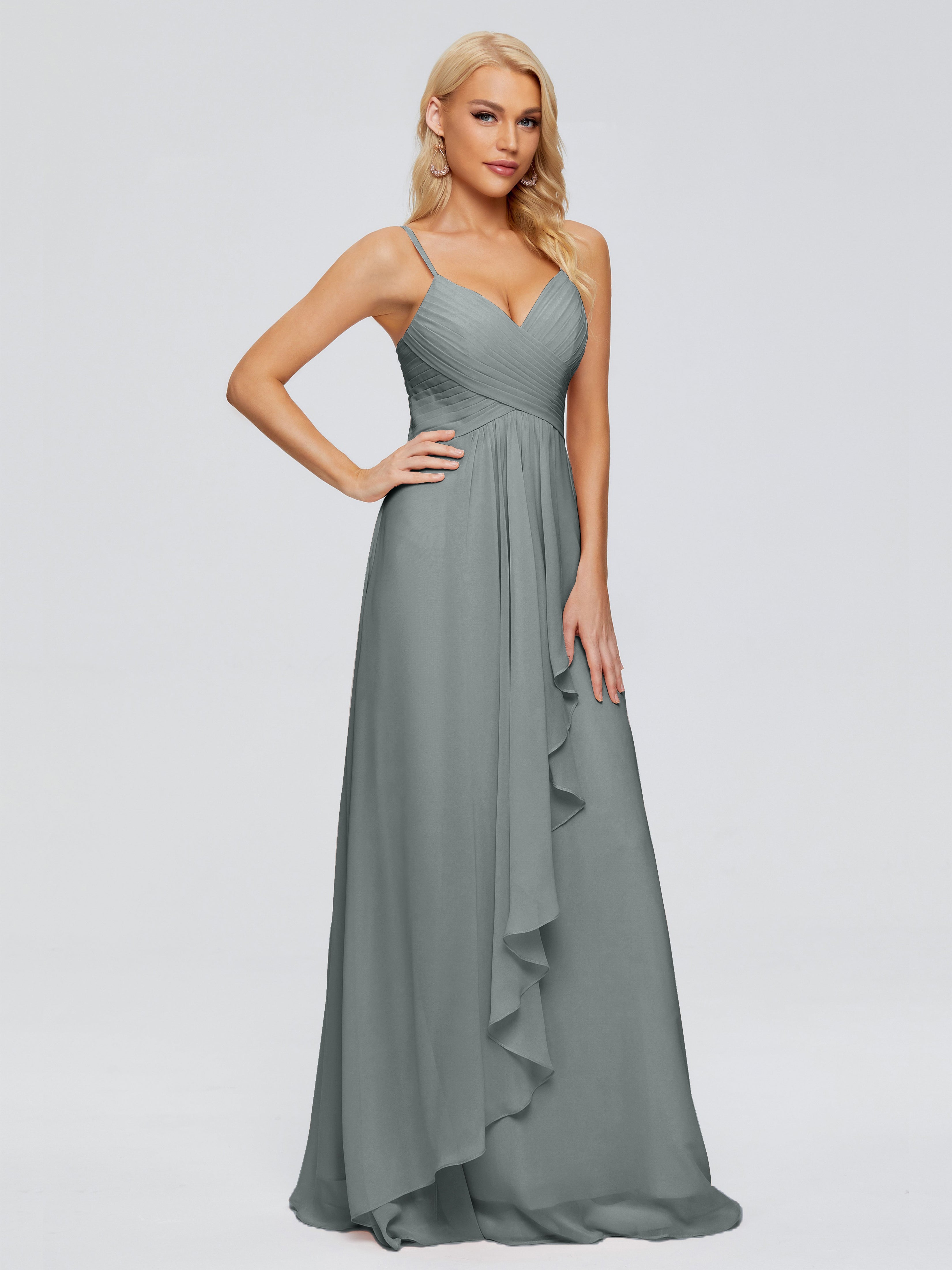 Robe Grise Demoiselle D Honneur Trapèze Bretelles Spaghetti Mousseline Robes Demoiselle D'Honneur