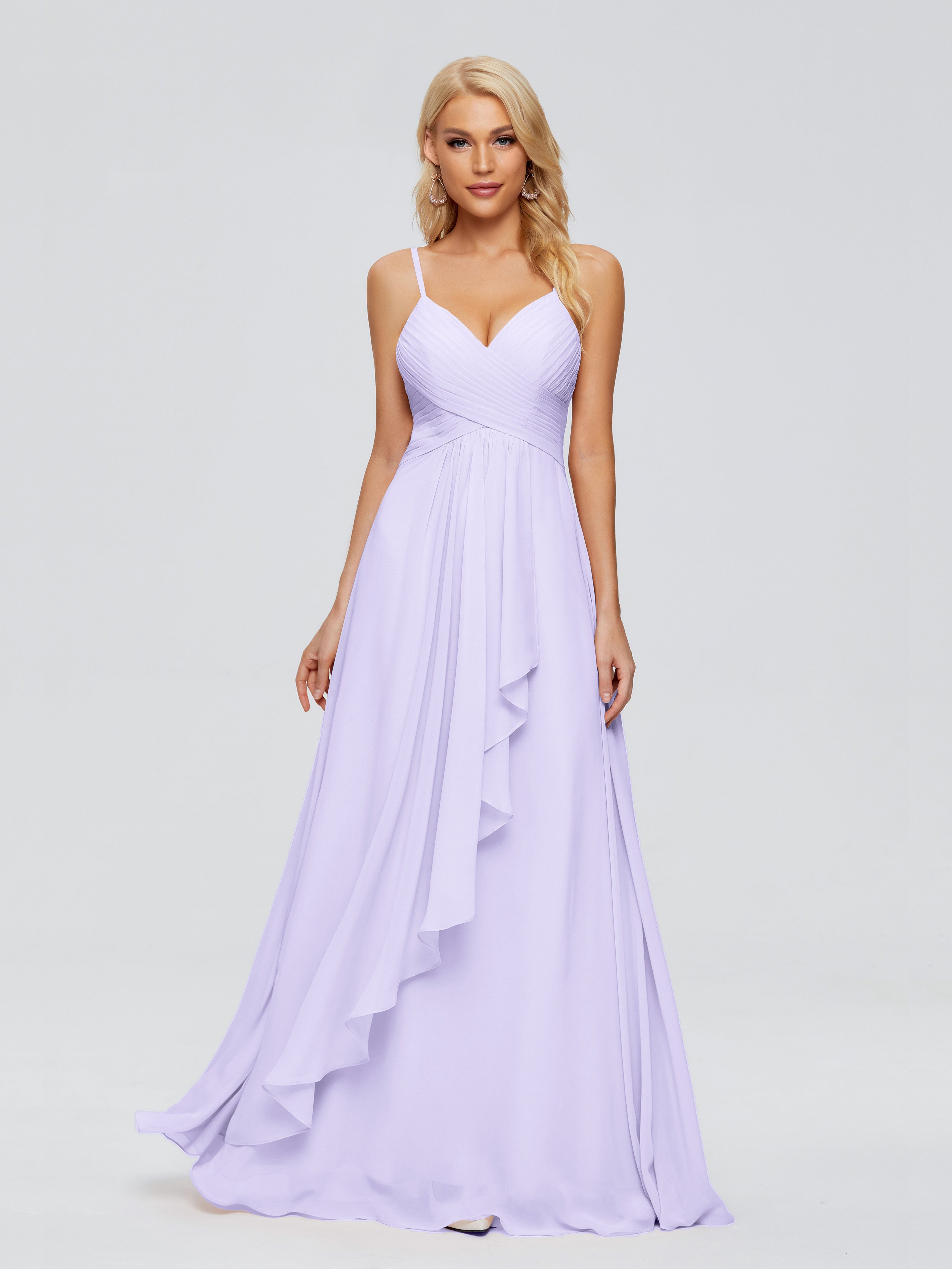 Robe Lilas Demoiselle D Honneur Trapèze Bretelles Spaghetti Mousseline Robes Demoiselle D'Honneur
