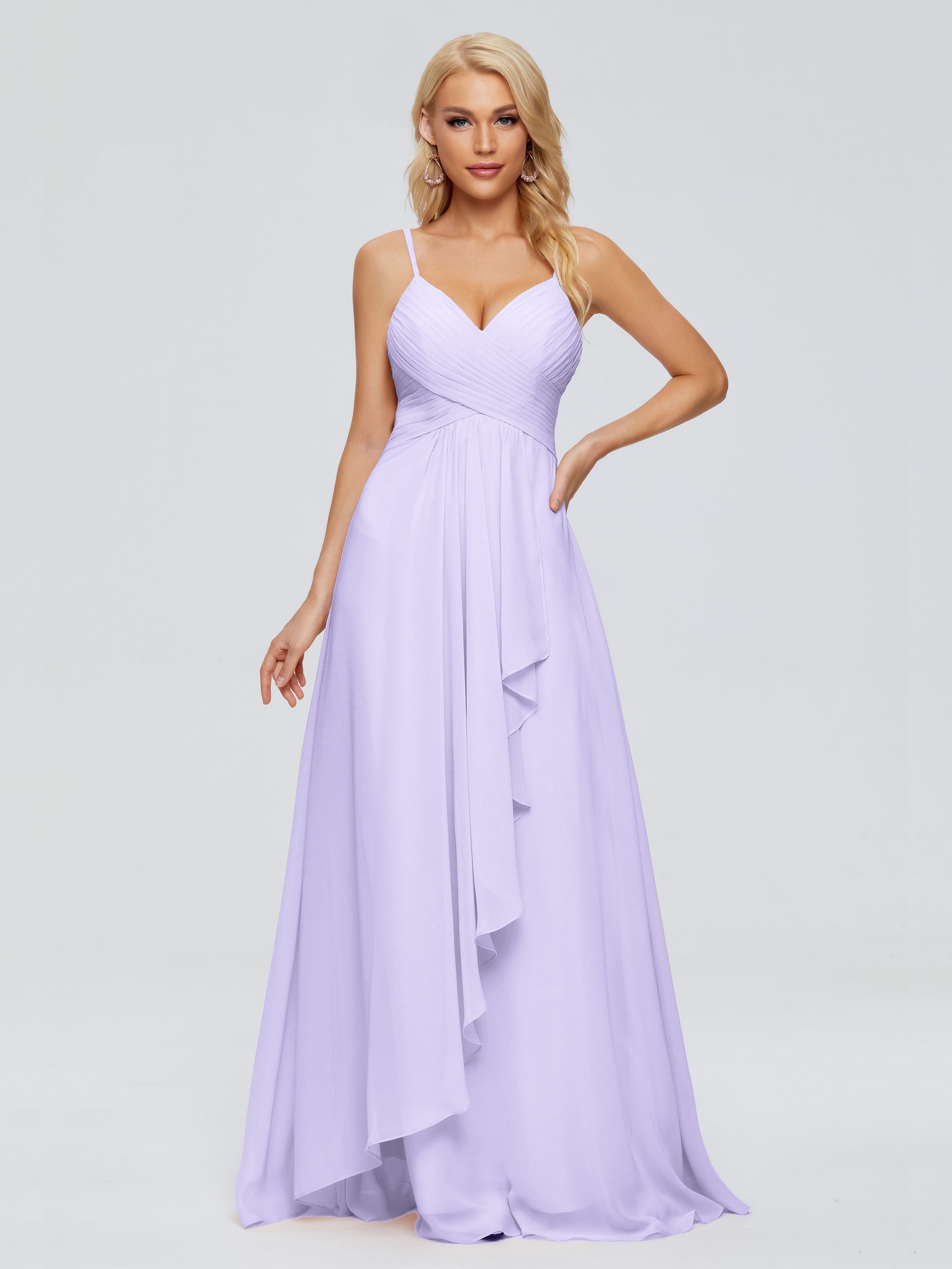 Robe Lilas Demoiselle D Honneur Trapèze Bretelles Spaghetti Mousseline Robes Demoiselle D'Honneur