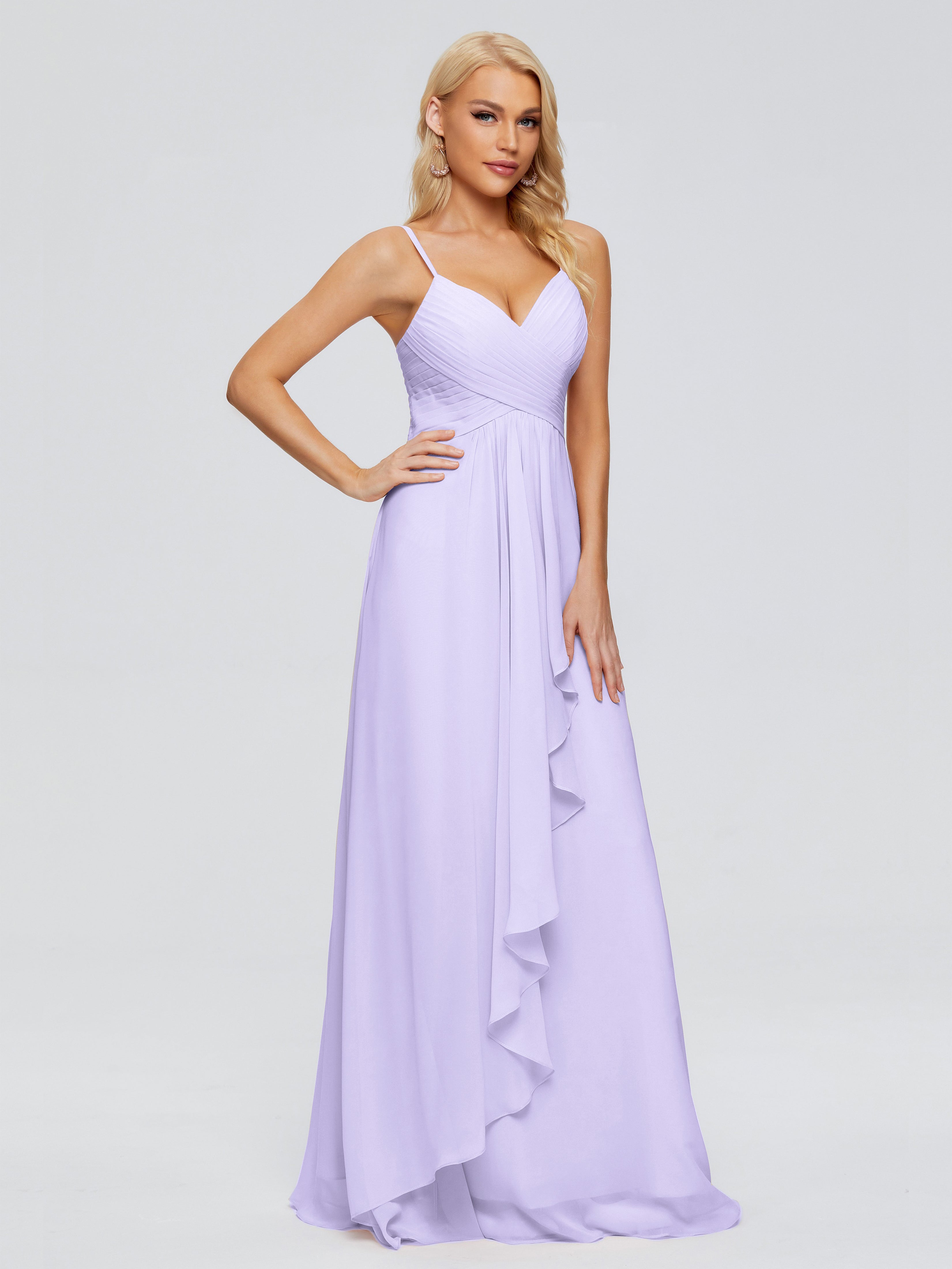 Robe Lilas Demoiselle D Honneur Trapèze Bretelles Spaghetti Mousseline Robes Demoiselle D'Honneur
