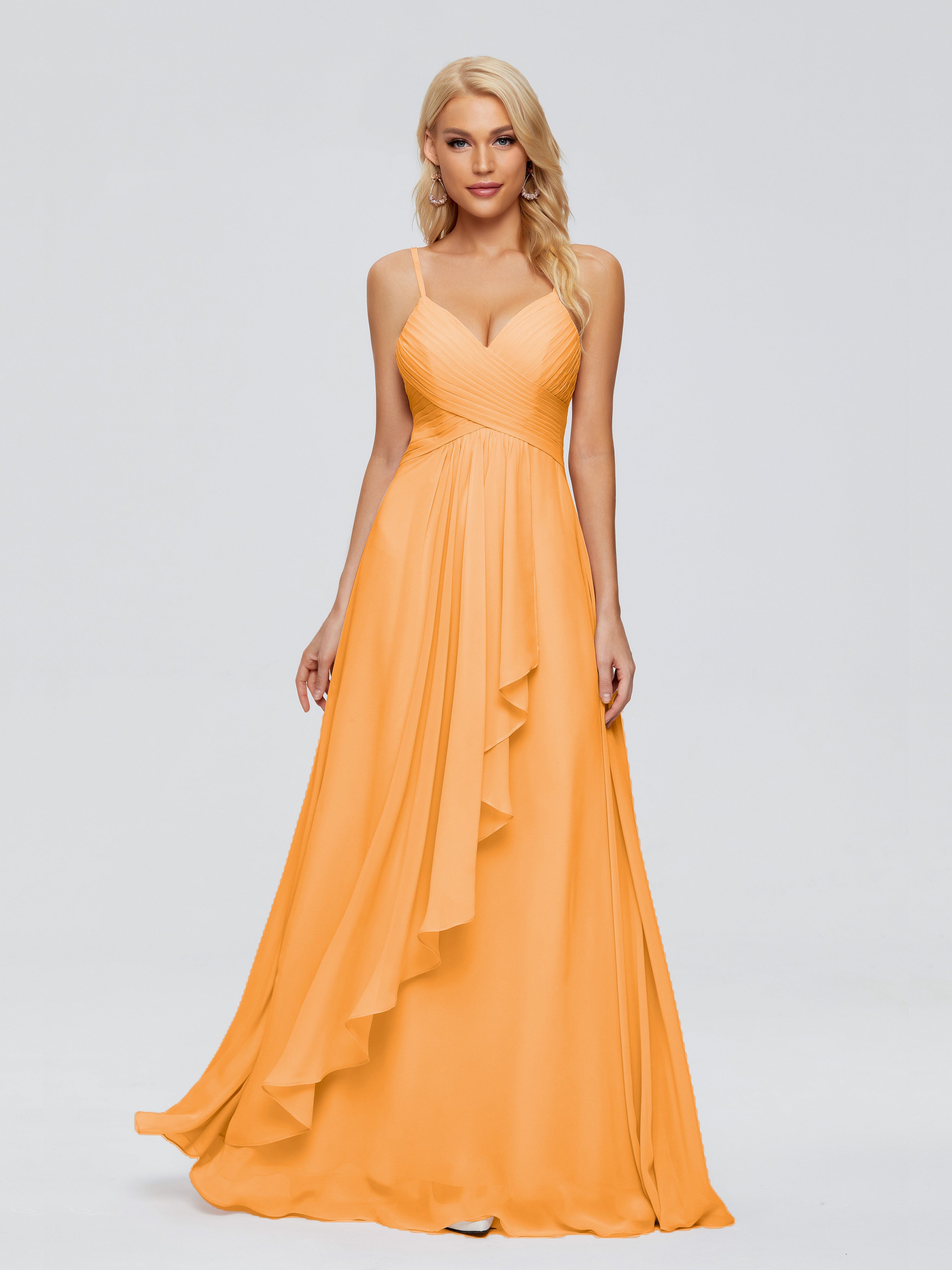 Robes De Demoiselle D'Honneur Mandarine Trapèze Bretelles Spaghetti Mousseline Robes Demoiselle D'Honneur