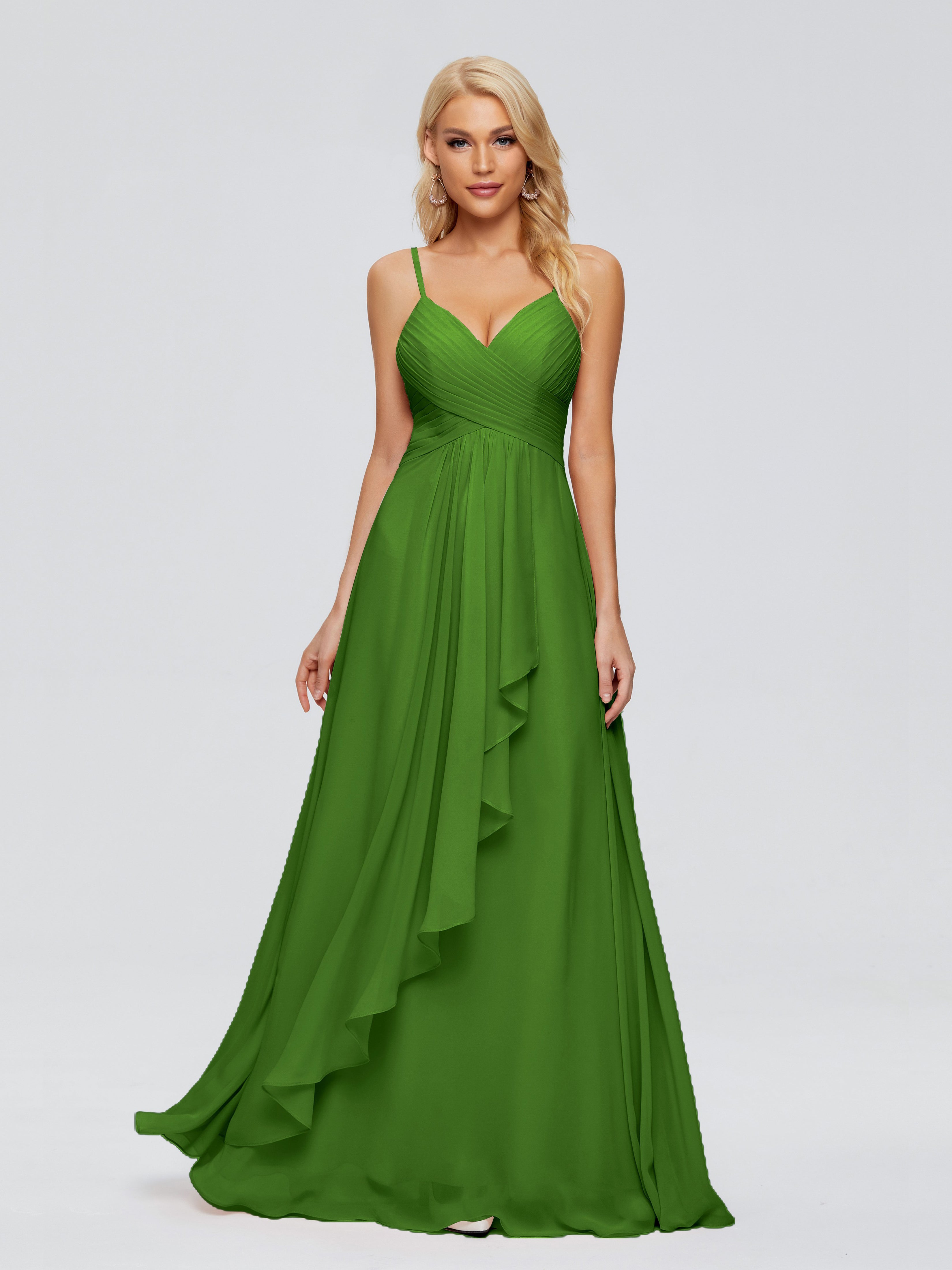 Robes De Demoiselle D'Honneur Vert Mousse Trapèze Bretelles Spaghetti Mousseline Robes Demoiselle D'Honneur