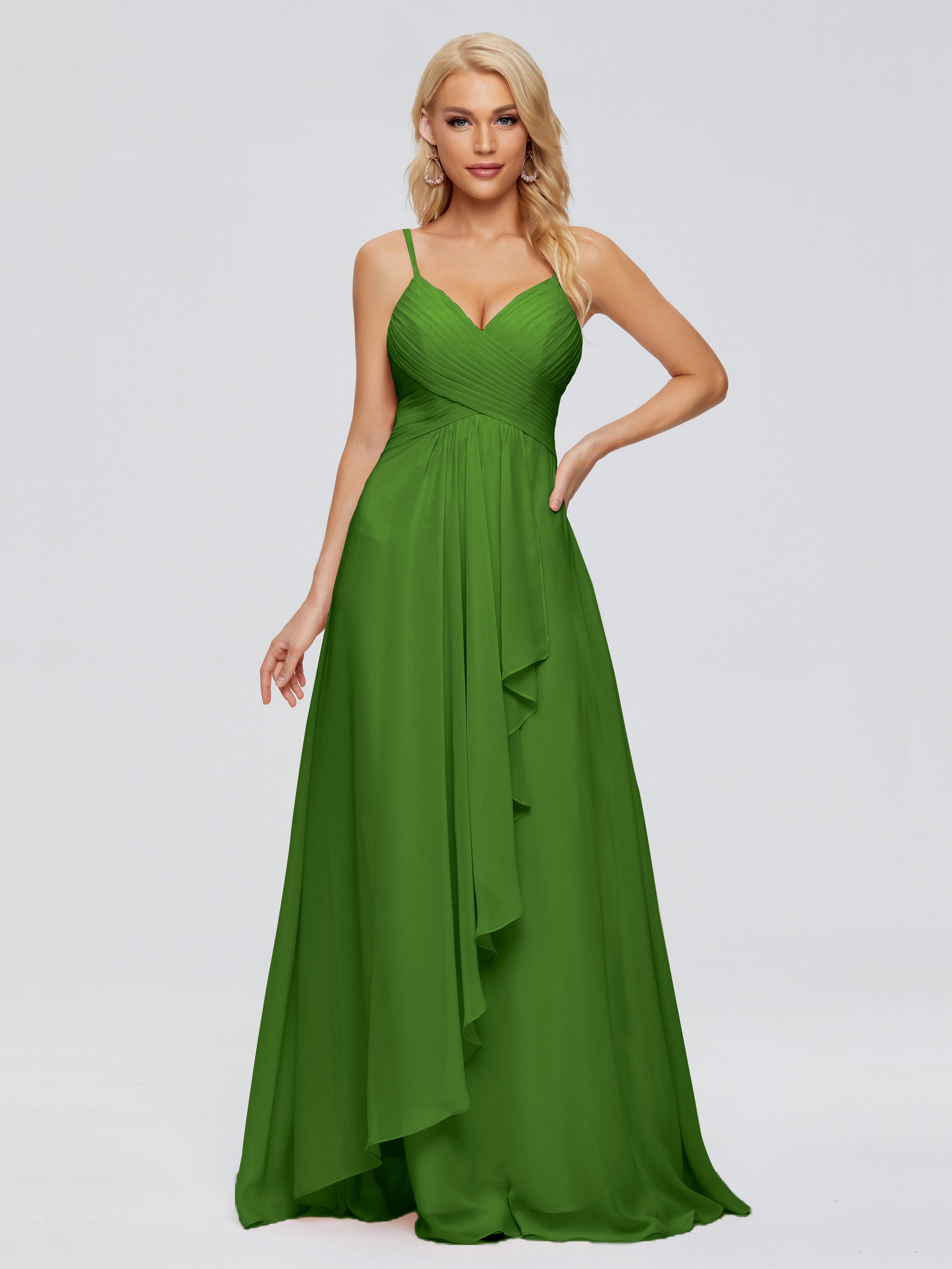 Robes De Demoiselle D'Honneur Vert Mousse Trapèze Bretelles Spaghetti Mousseline Robes Demoiselle D'Honneur