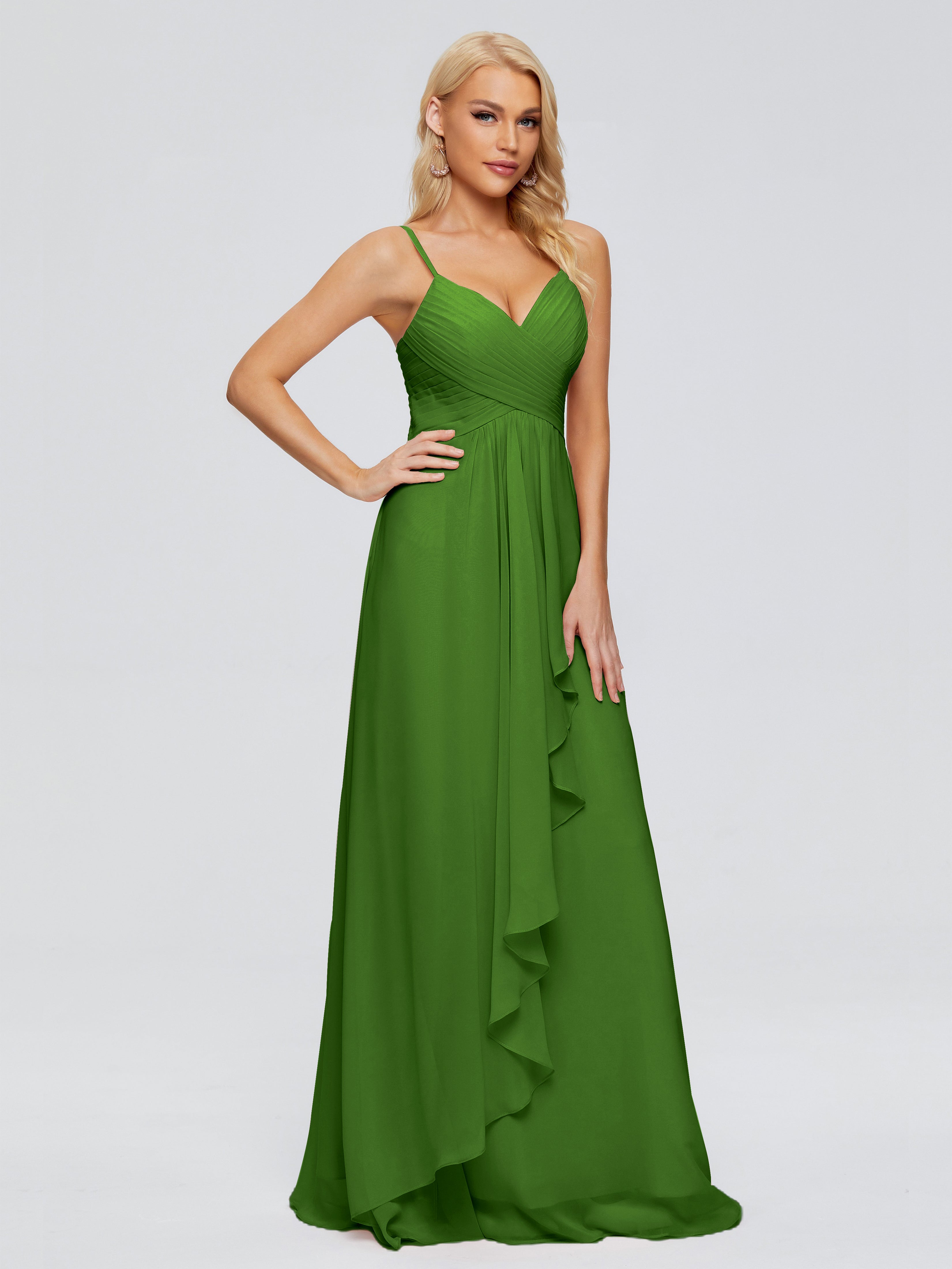 Robes De Demoiselle D'Honneur Vert Mousse Trapèze Bretelles Spaghetti Mousseline Robes Demoiselle D'Honneur