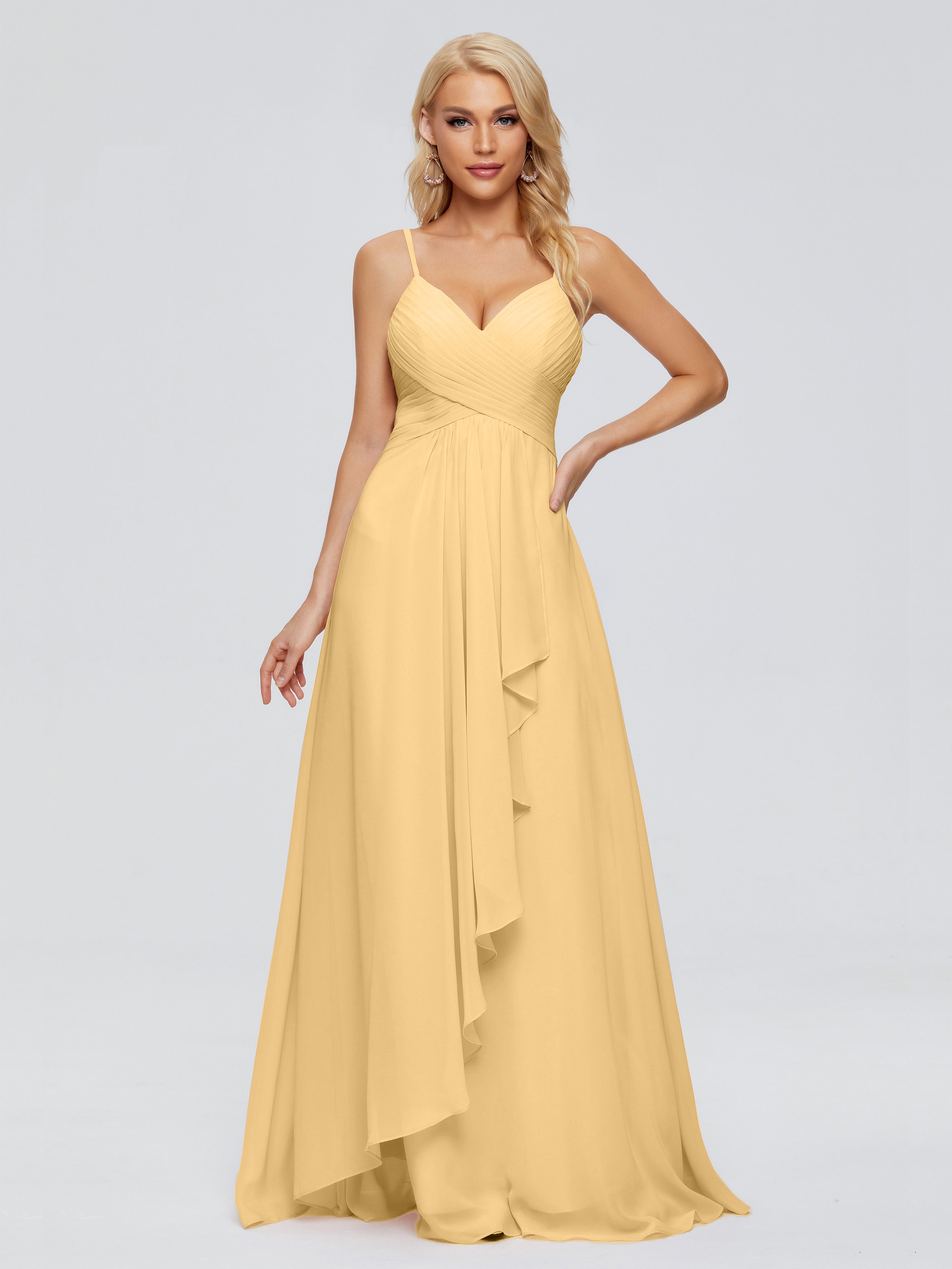 Robes De Demoiselle D'Honneur Courtes En Or Trapèze Bretelles Spaghetti Mousseline Robes Demoiselle D'Honneur