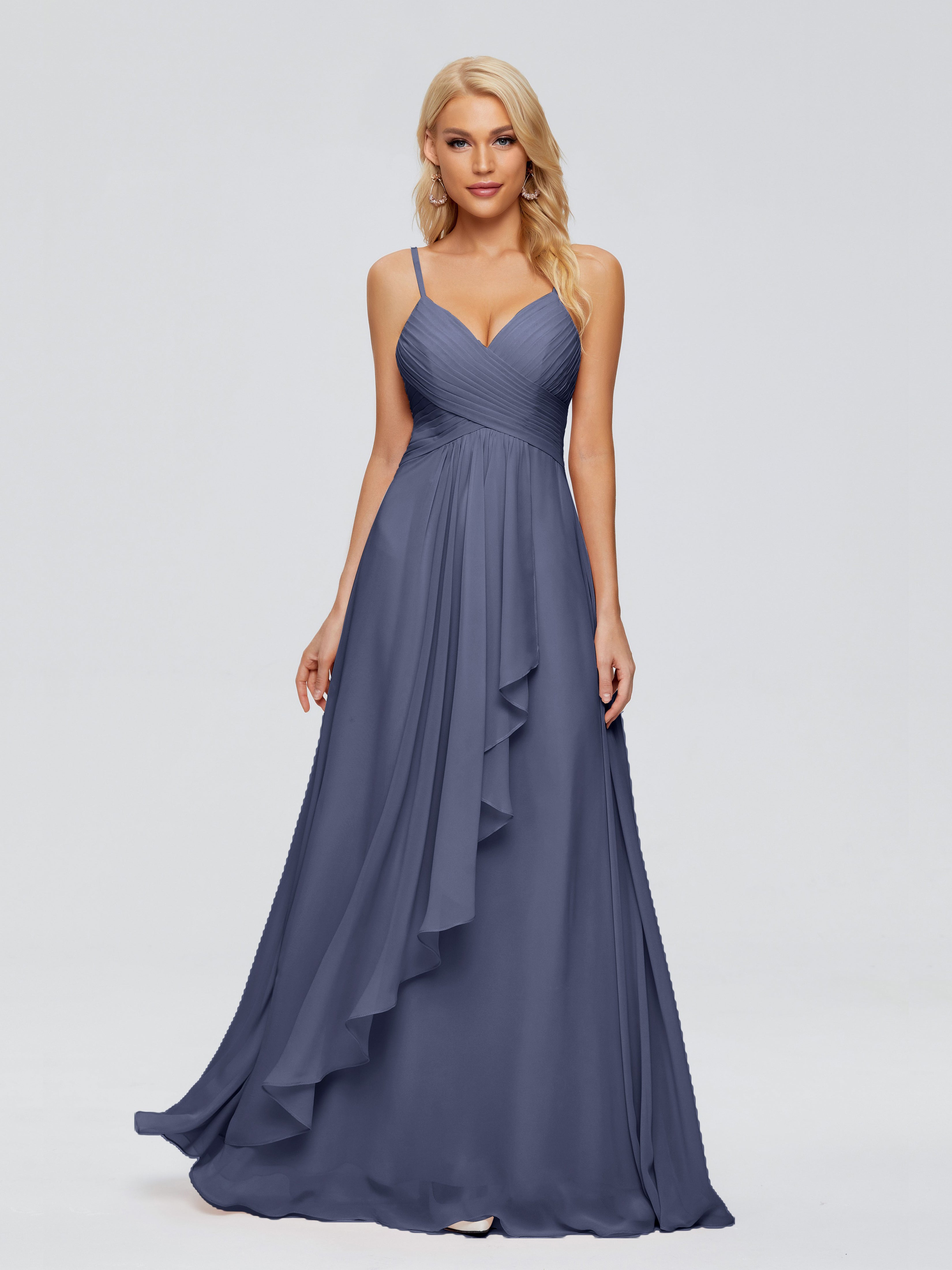 Robes De Demoiselle D'Honneur Bleu Orageux Trapèze Bretelles Spaghetti Mousseline Robes Demoiselle D'Honneur