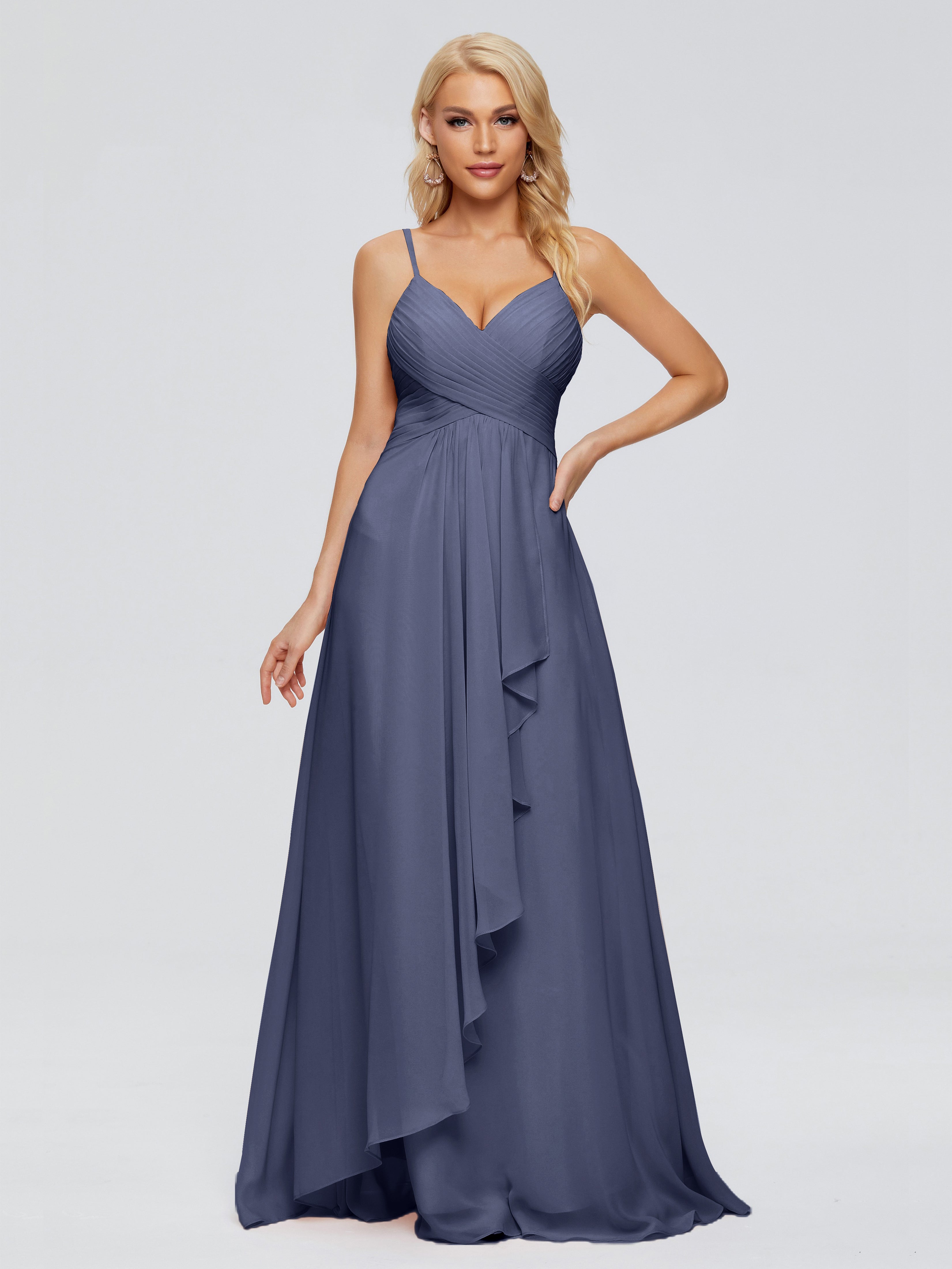 Robes De Demoiselle D'Honneur Bleu Orageux Trapèze Bretelles Spaghetti Mousseline Robes Demoiselle D'Honneur