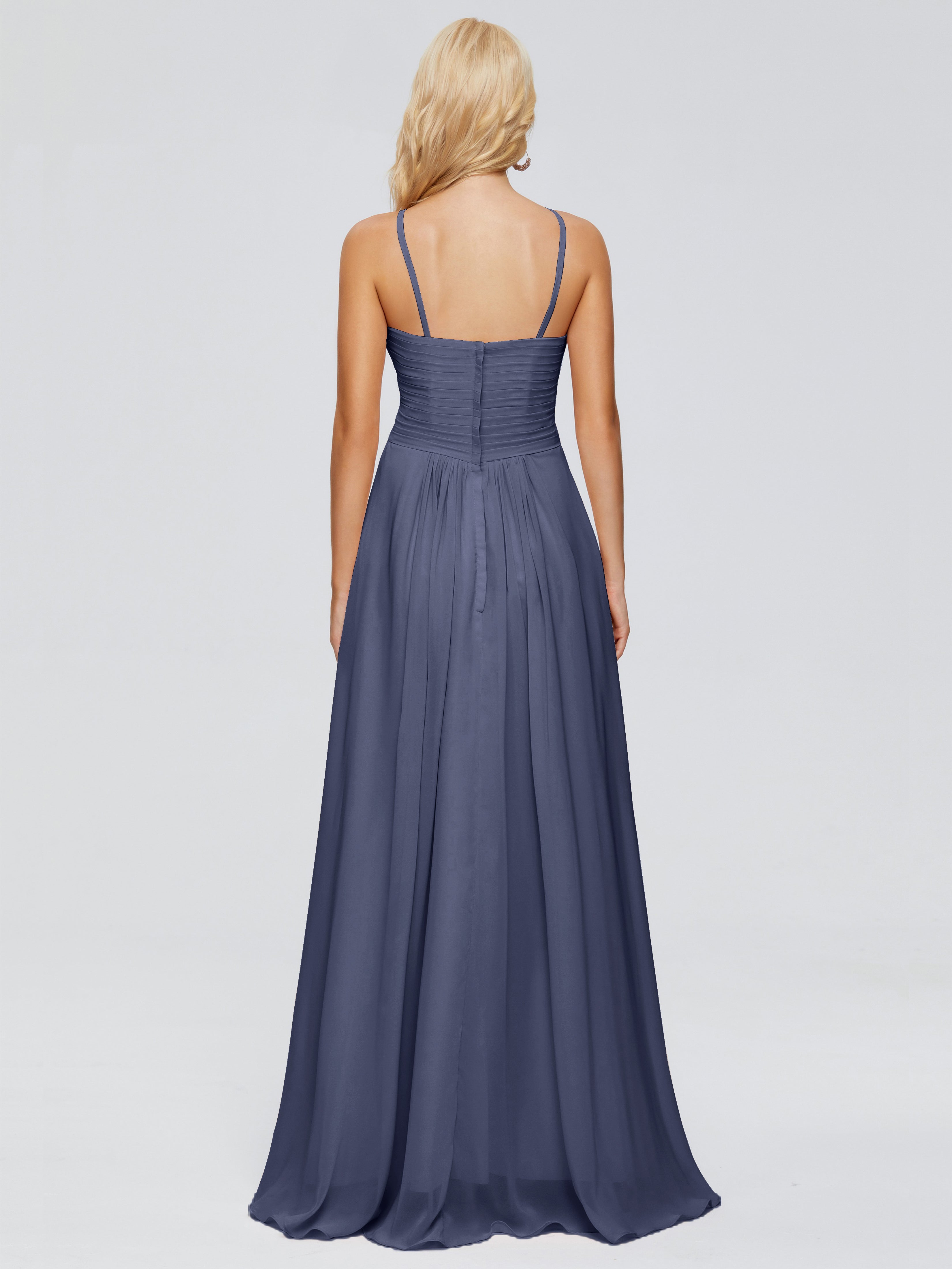 Robes De Demoiselle D'Honneur Bleu Orageux Trapèze Bretelles Spaghetti Mousseline Robes Demoiselle D'Honneur