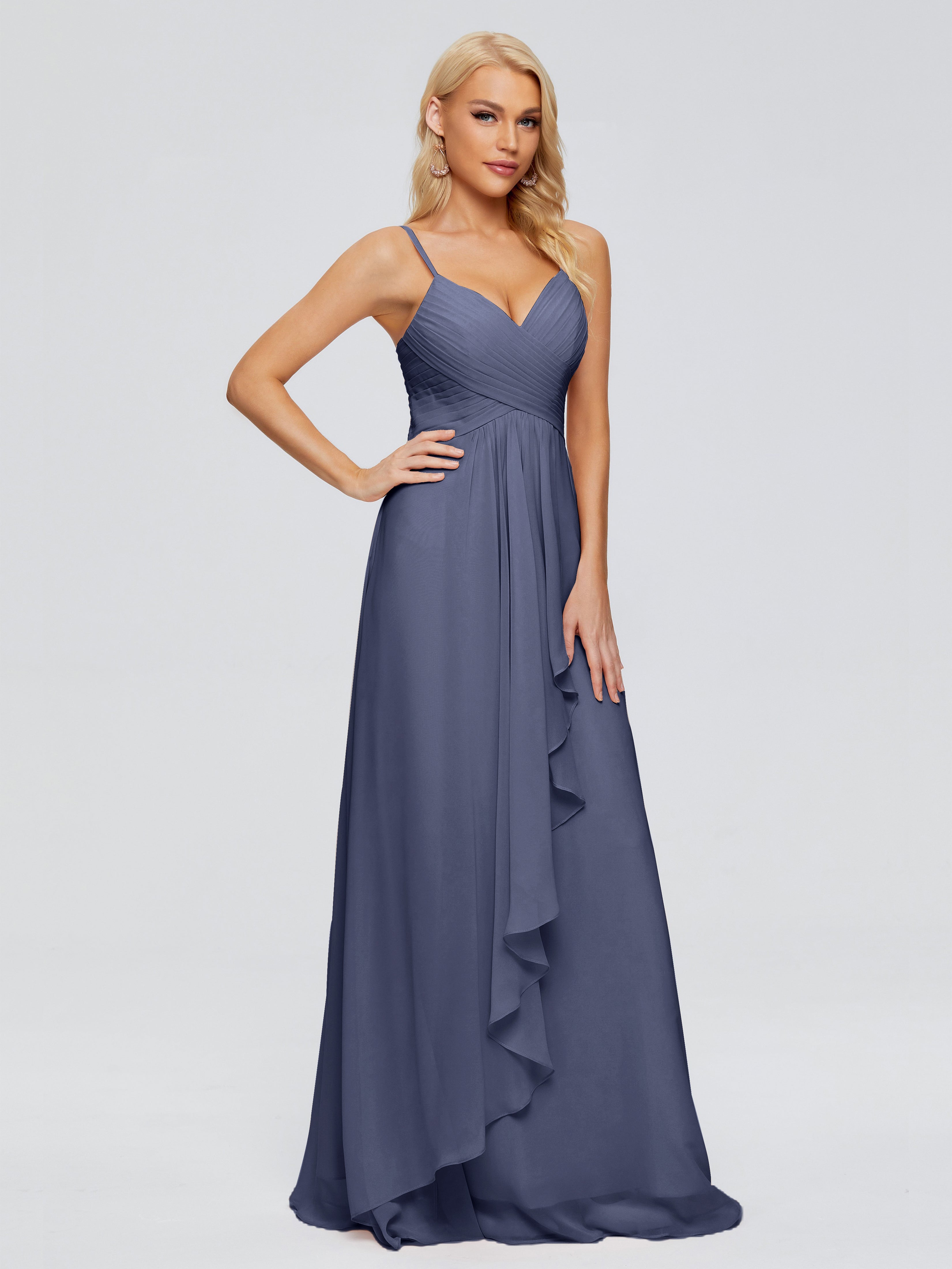 Robes De Demoiselle D'Honneur Bleu Orageux Trapèze Bretelles Spaghetti Mousseline Robes Demoiselle D'Honneur