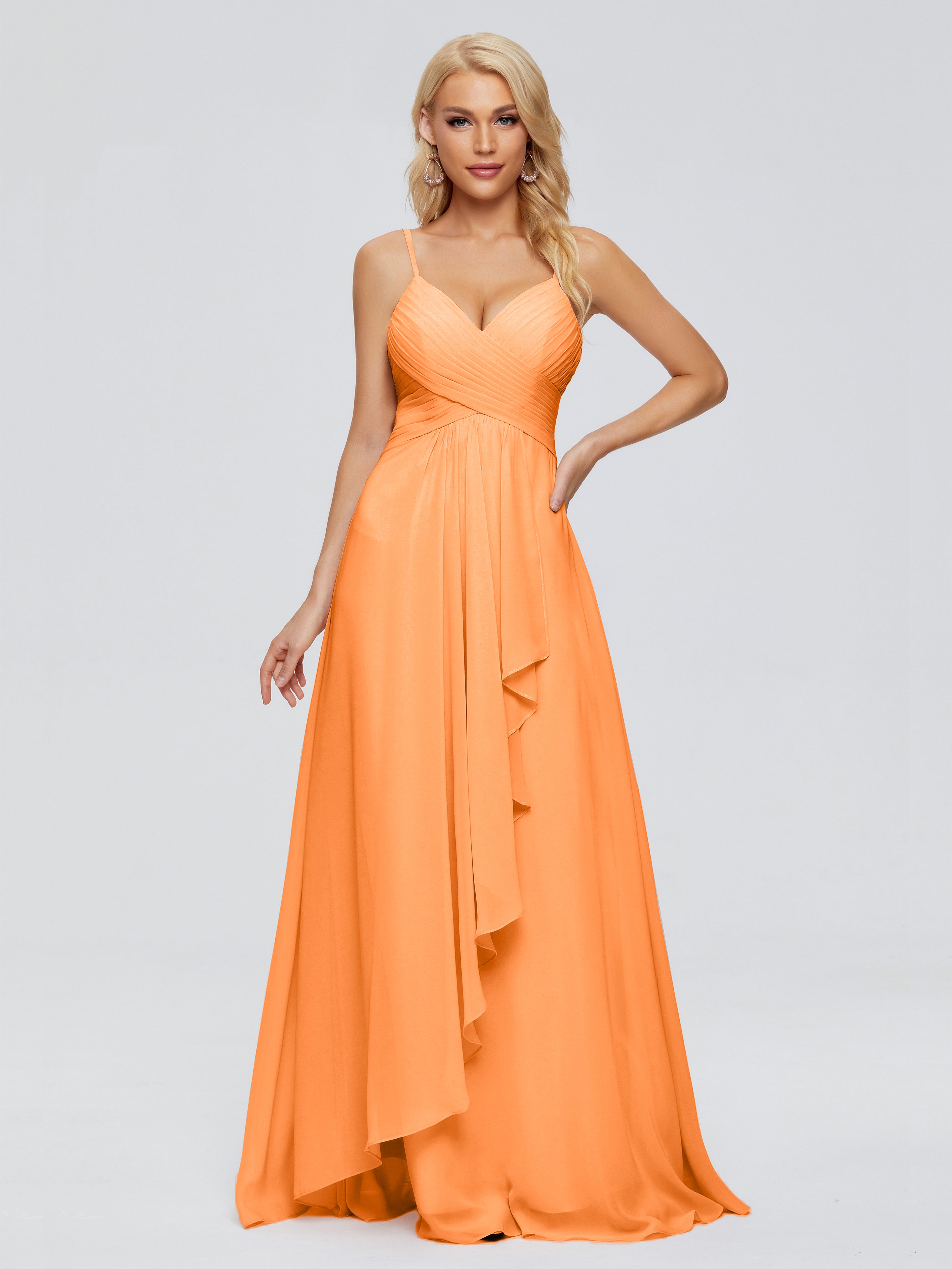 Robe Demoiselle D Honneur Orange Trapèze Bretelles Spaghetti Mousseline Robes Demoiselle D'Honneur