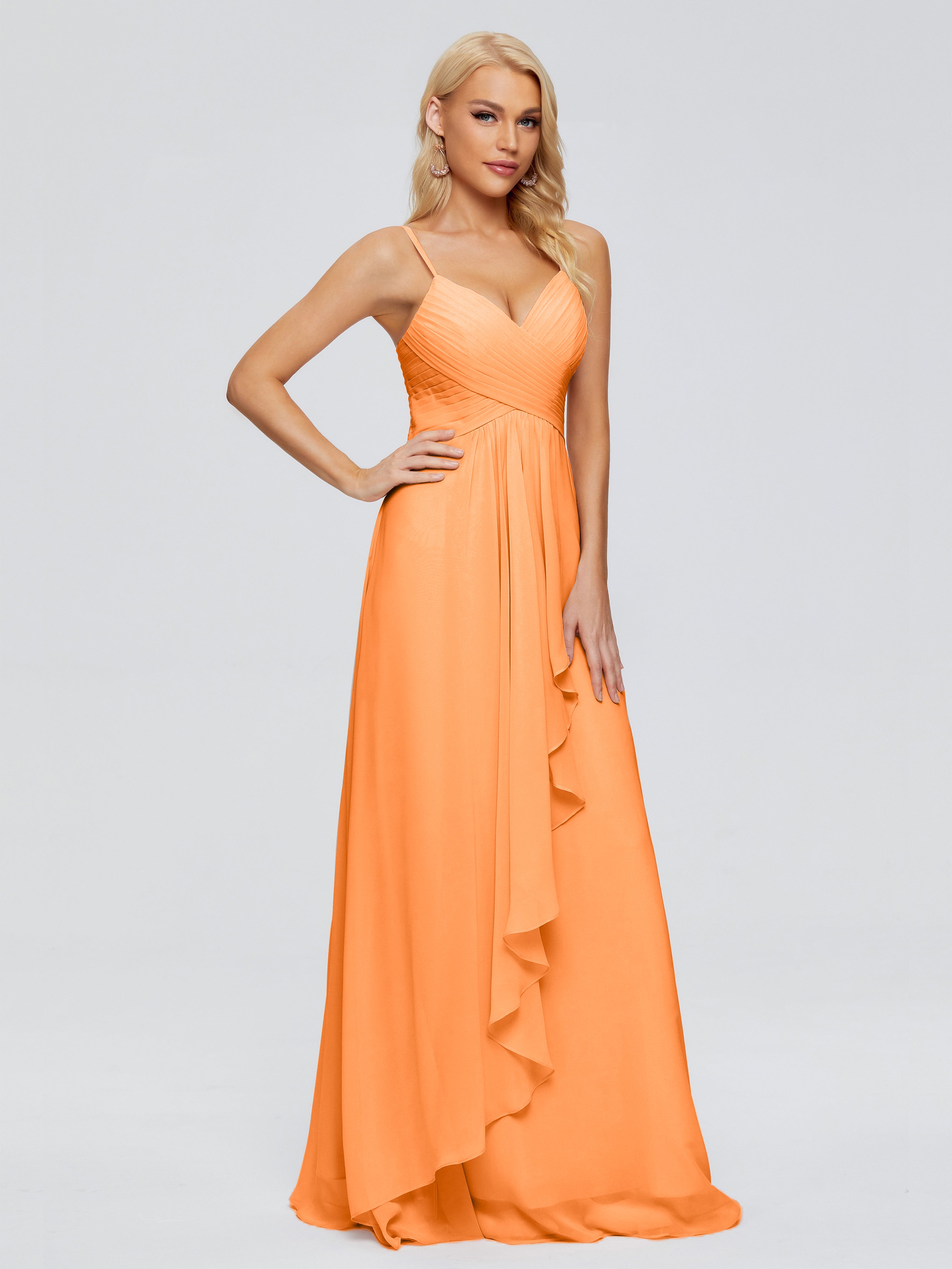 Robe Demoiselle D Honneur Orange Trapèze Bretelles Spaghetti Mousseline Robes Demoiselle D'Honneur