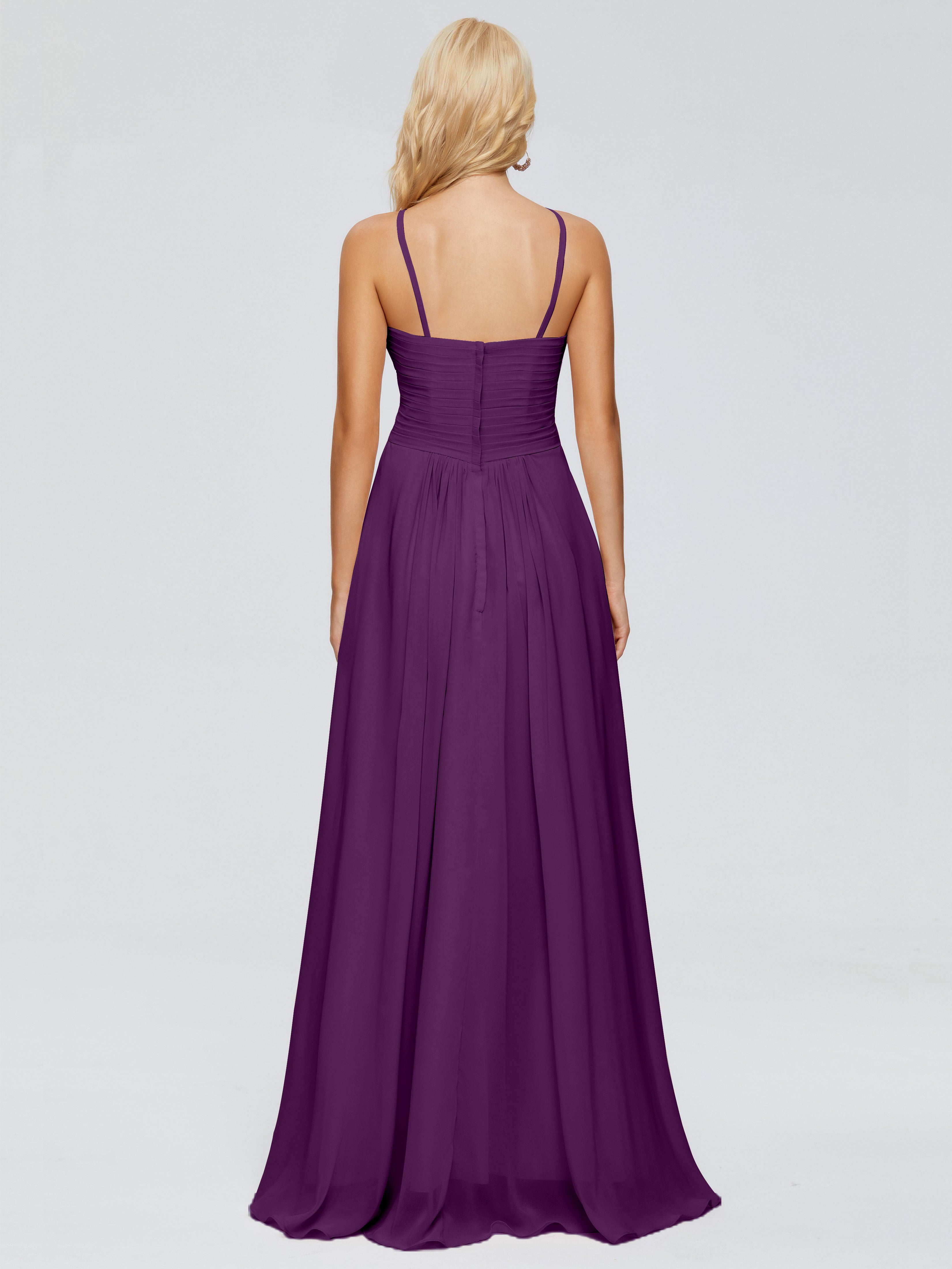 Robes De Demoiselle D'Honneur En Raisin Trapèze Bretelles Spaghetti Mousseline Robes Demoiselle D'Honneur