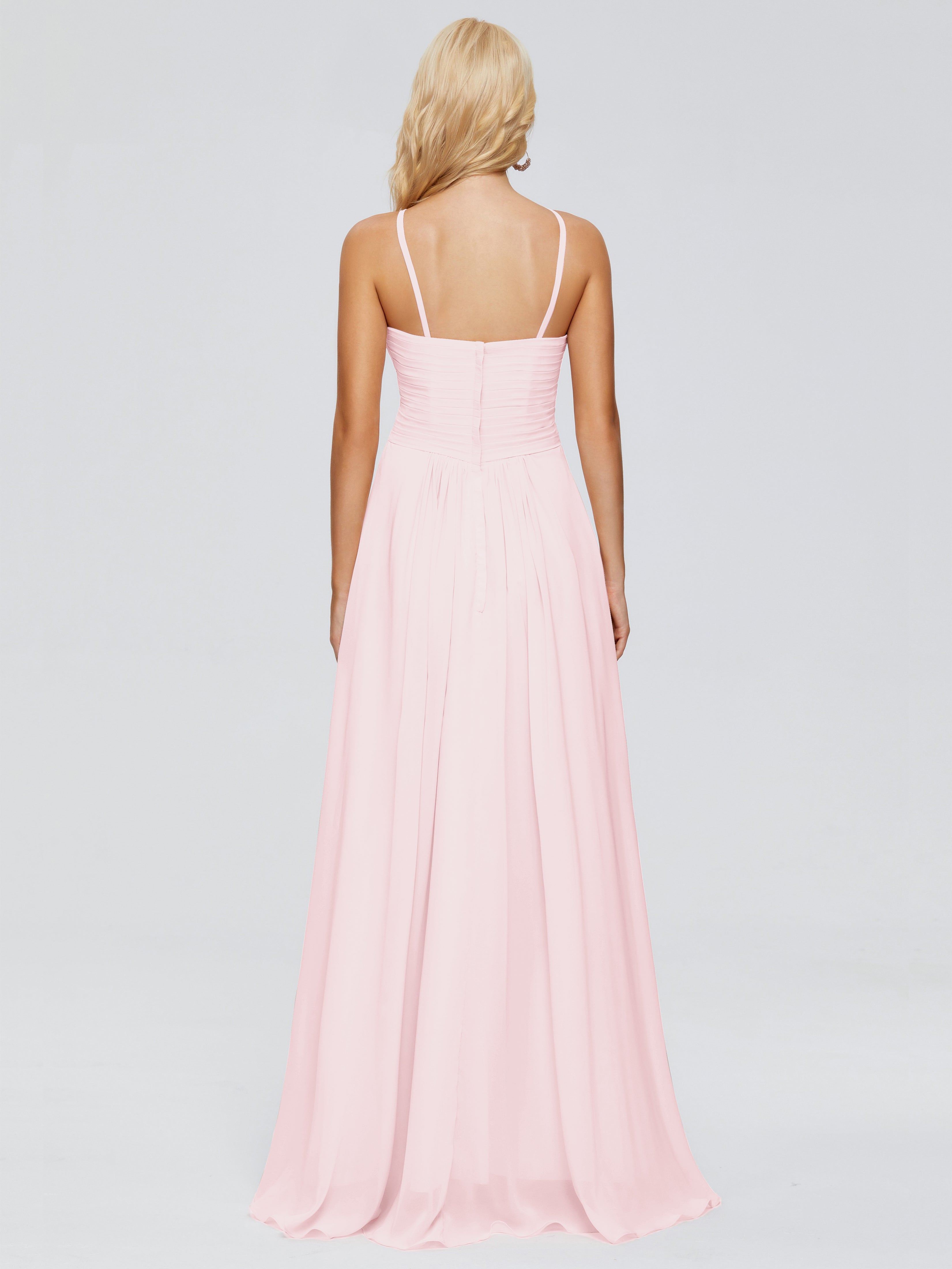 Robe Rose Pale Demoiselle D Honneur Trapèze Bretelles Spaghetti Mousseline Robes Demoiselle D'Honneur