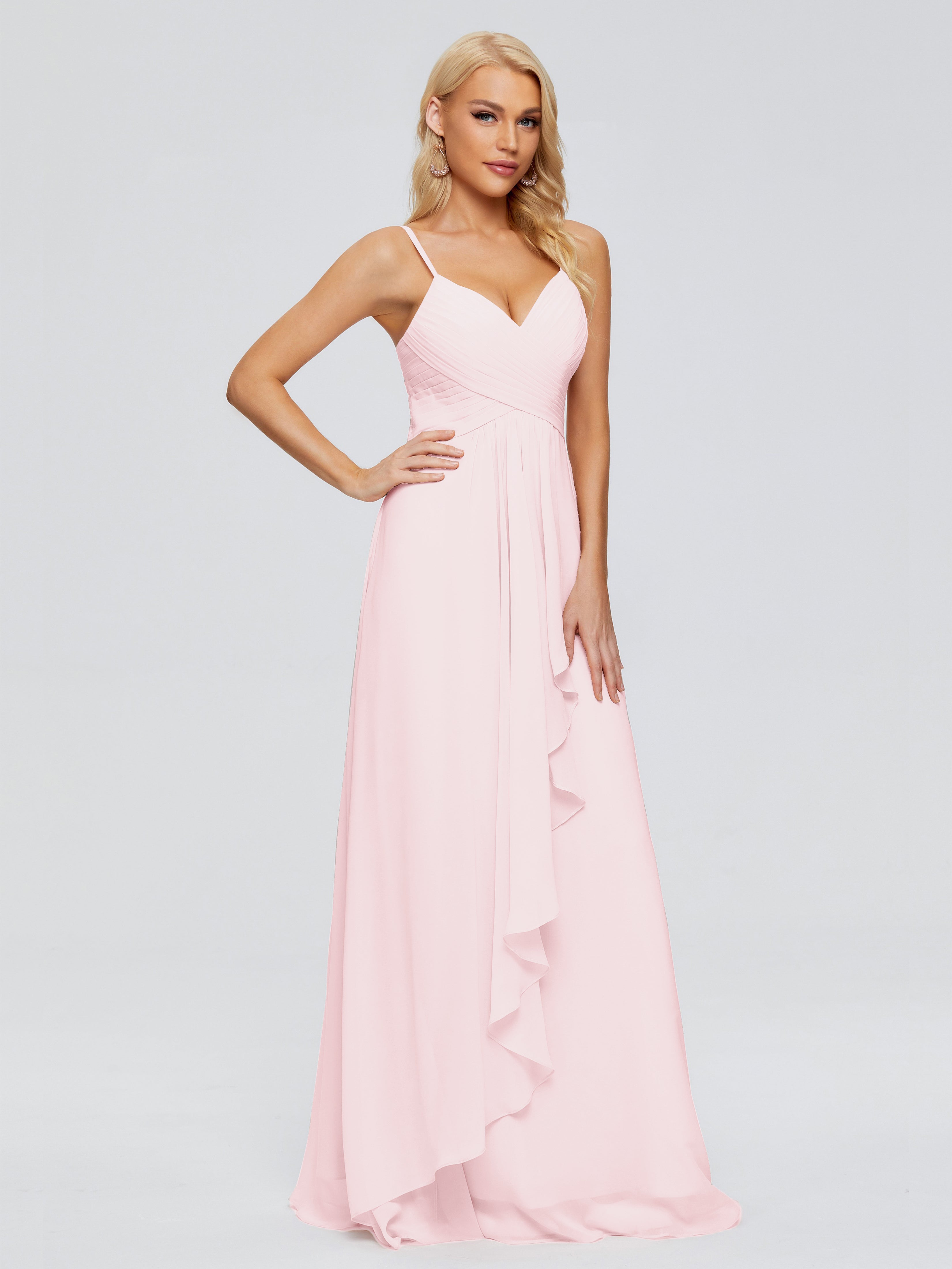 Robe Rose Pale Demoiselle D Honneur Trapèze Bretelles Spaghetti Mousseline Robes Demoiselle D'Honneur