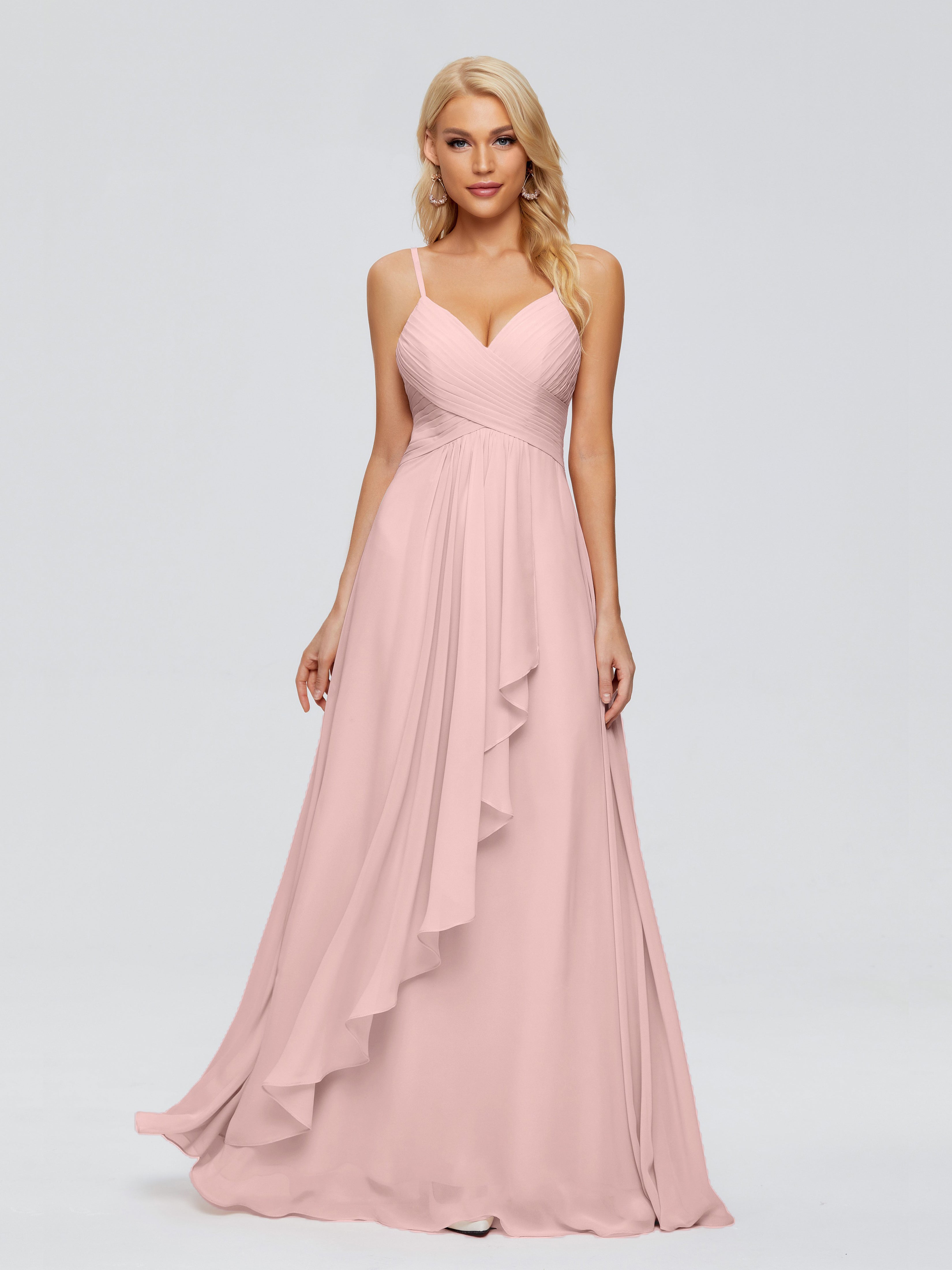 Robes De Demoiselle D'Honneur Couleur Rose Poudrée Trapèze Bretelles Spaghetti Mousseline Robes Demoiselle D'Honneur