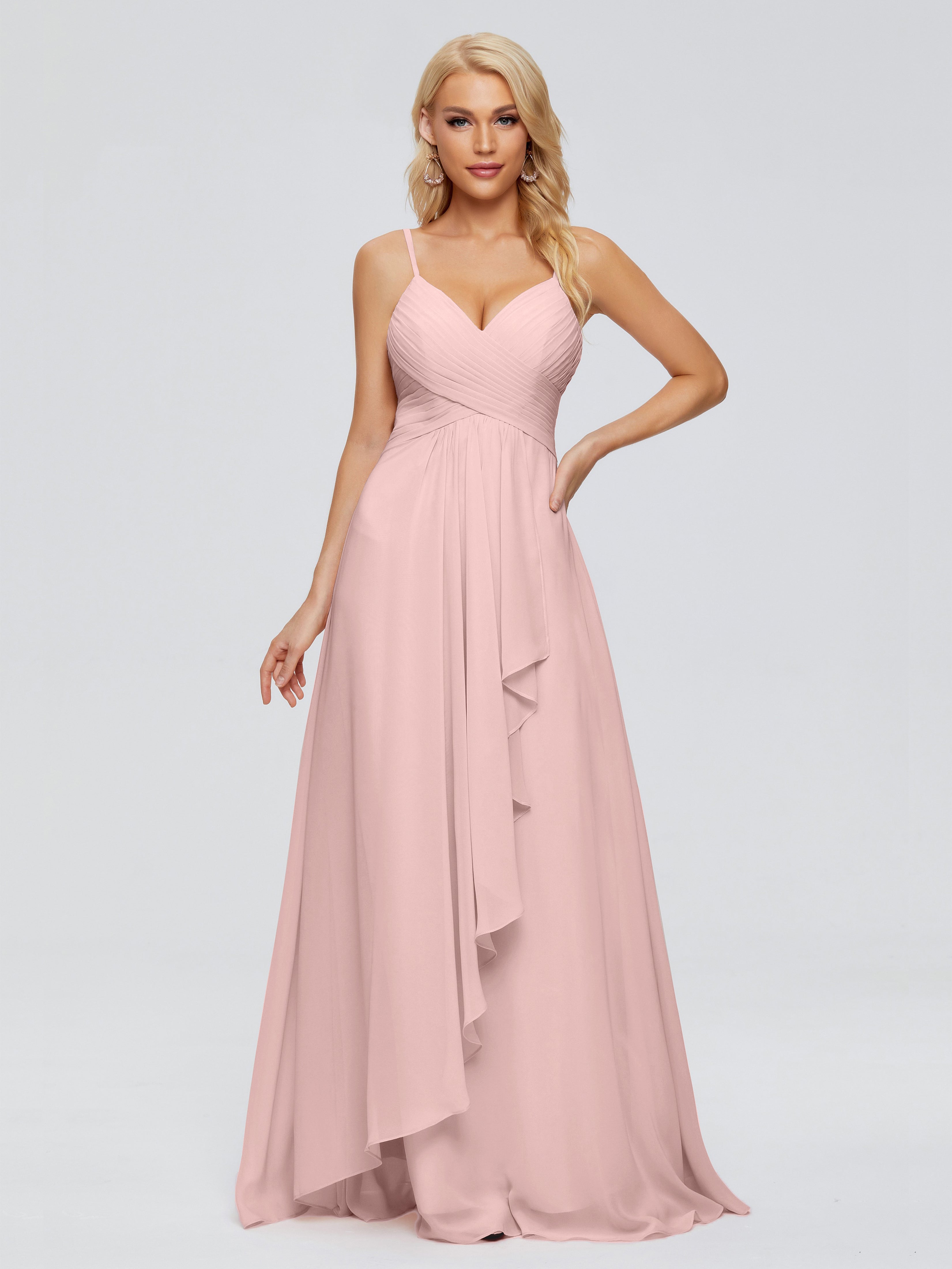 Robes De Demoiselle D'Honneur Couleur Rose Poudrée Trapèze Bretelles Spaghetti Mousseline Robes Demoiselle D'Honneur