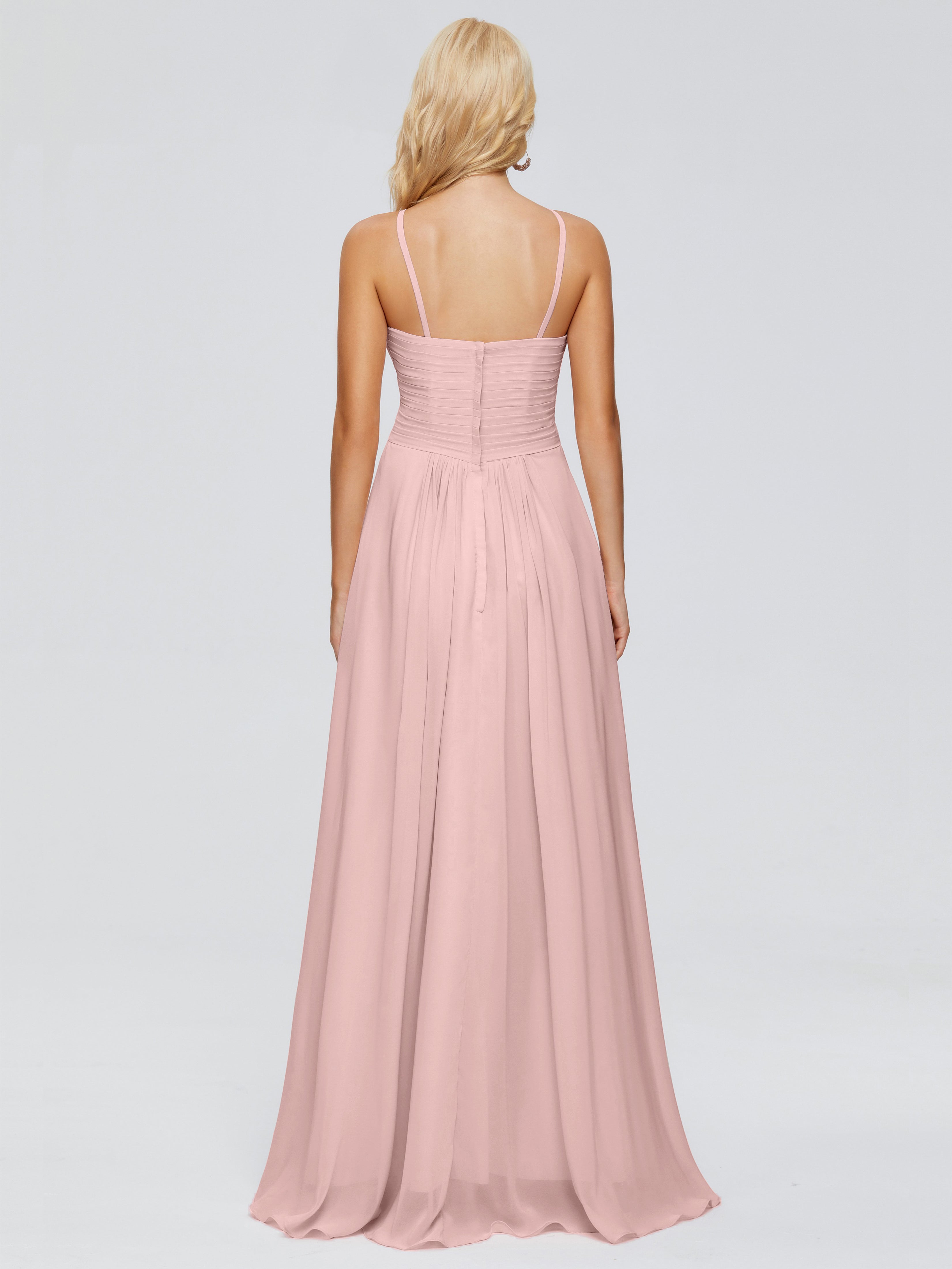 Robes De Demoiselle D'Honneur Couleur Rose Poudrée Trapèze Bretelles Spaghetti Mousseline Robes Demoiselle D'Honneur