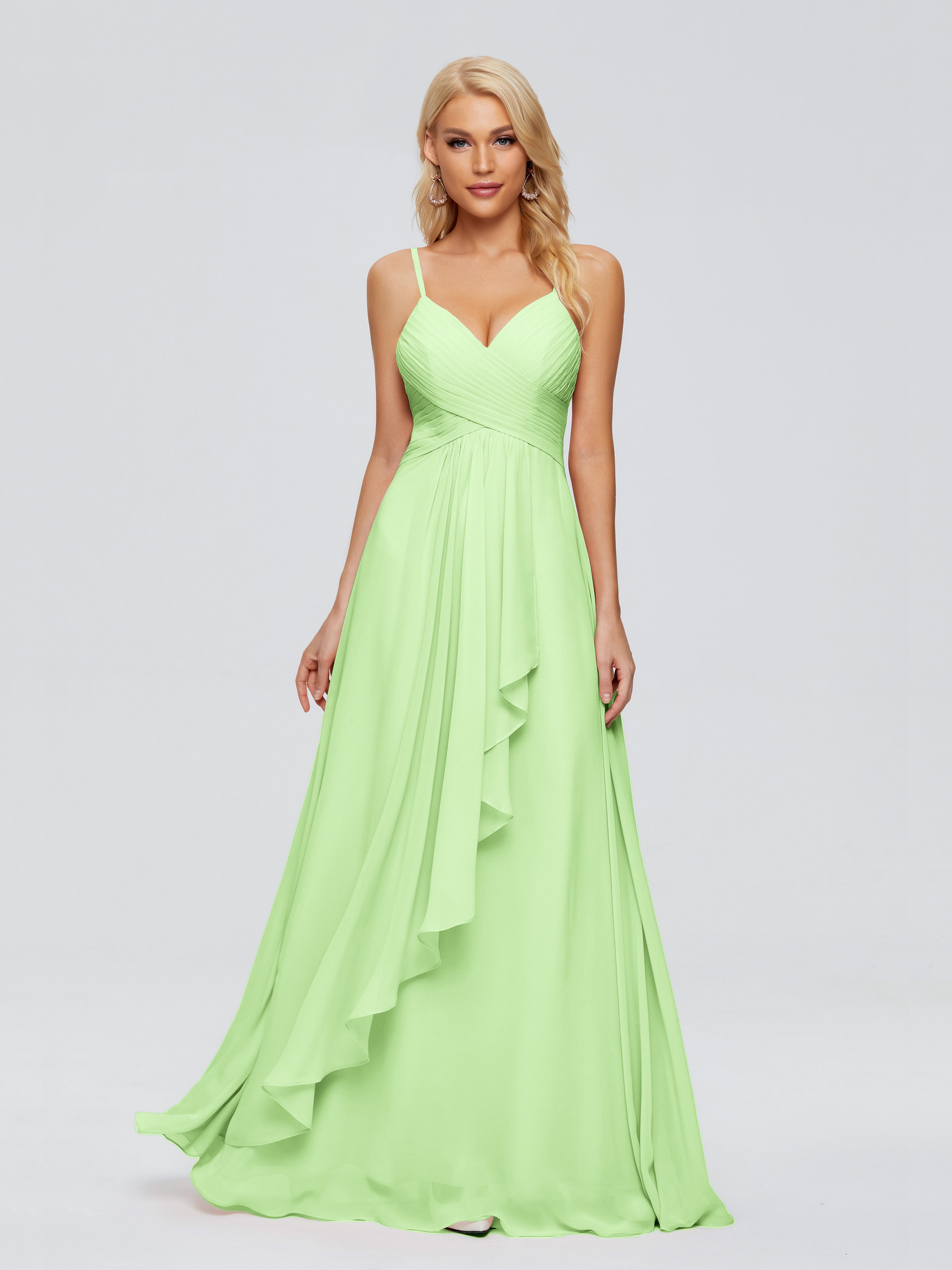 Robe Demoiselle D Honneur Vert Sauge Trapèze Bretelles Spaghetti Mousseline Robes Demoiselle D'Honneur
