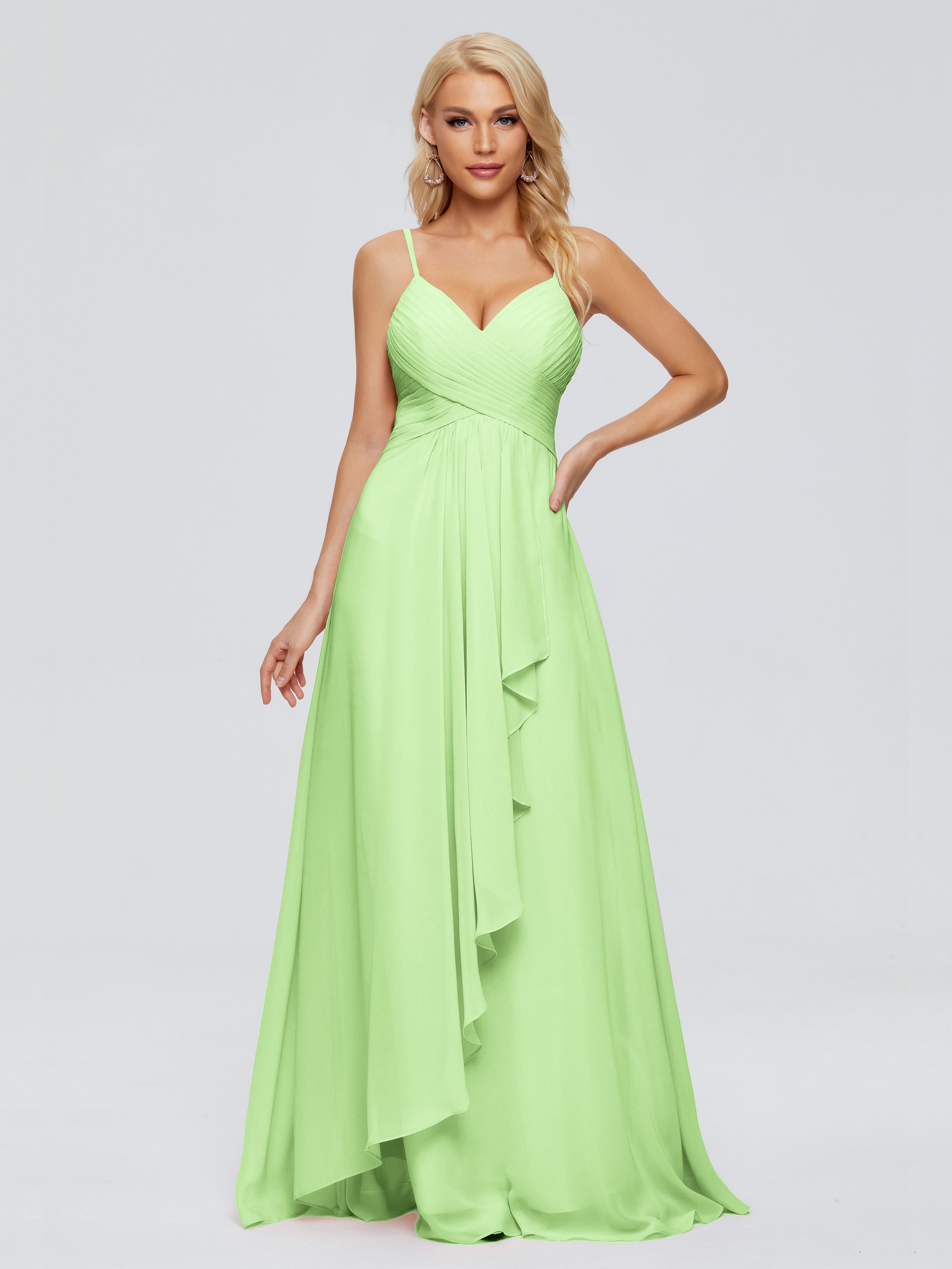 Robe Demoiselle D Honneur Vert Sauge Trapèze Bretelles Spaghetti Mousseline Robes Demoiselle D'Honneur