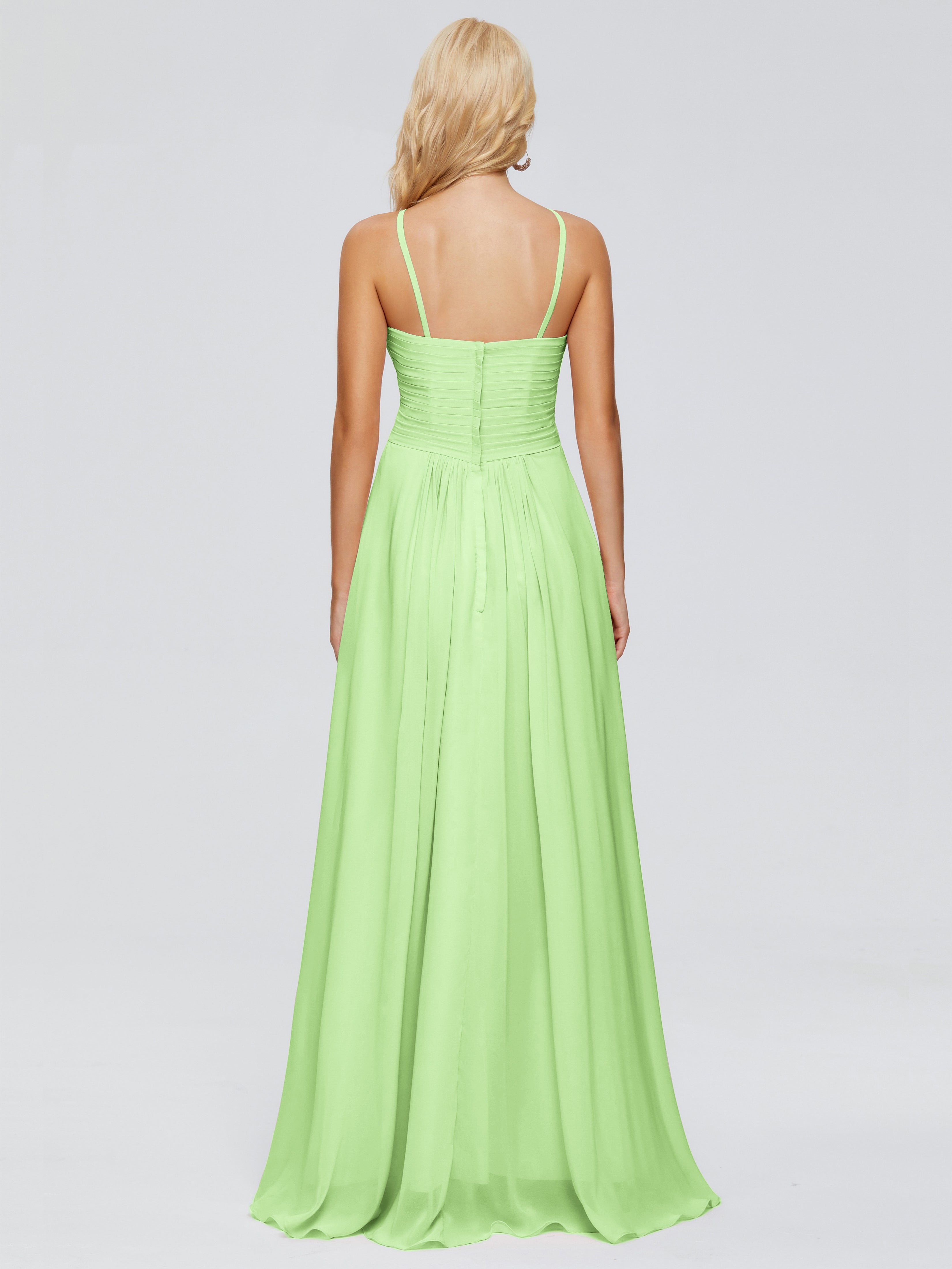 Robe Demoiselle D Honneur Vert Sauge Trapèze Bretelles Spaghetti Mousseline Robes Demoiselle D'Honneur
