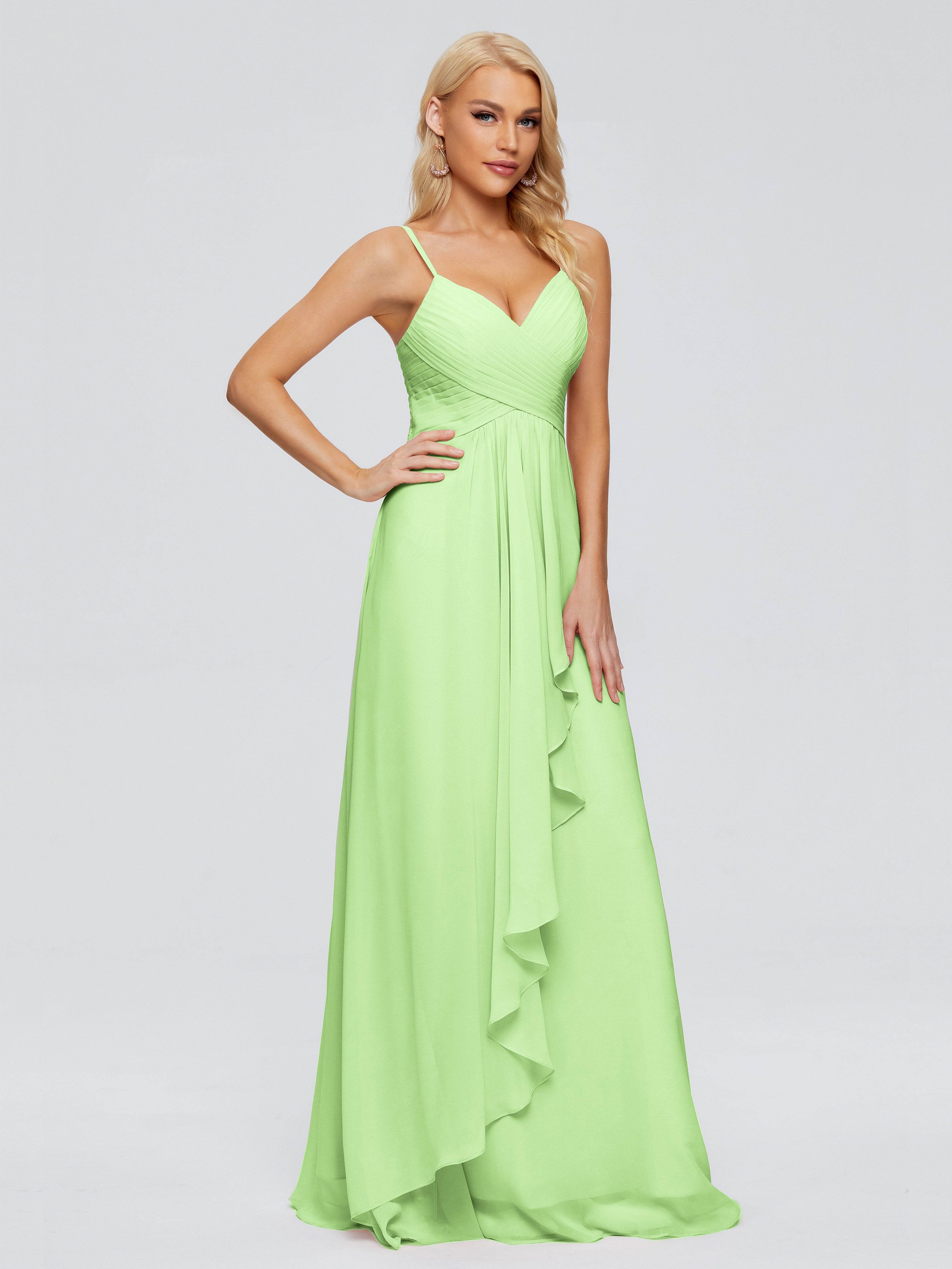 Robe Demoiselle D Honneur Vert Sauge Trapèze Bretelles Spaghetti Mousseline Robes Demoiselle D'Honneur