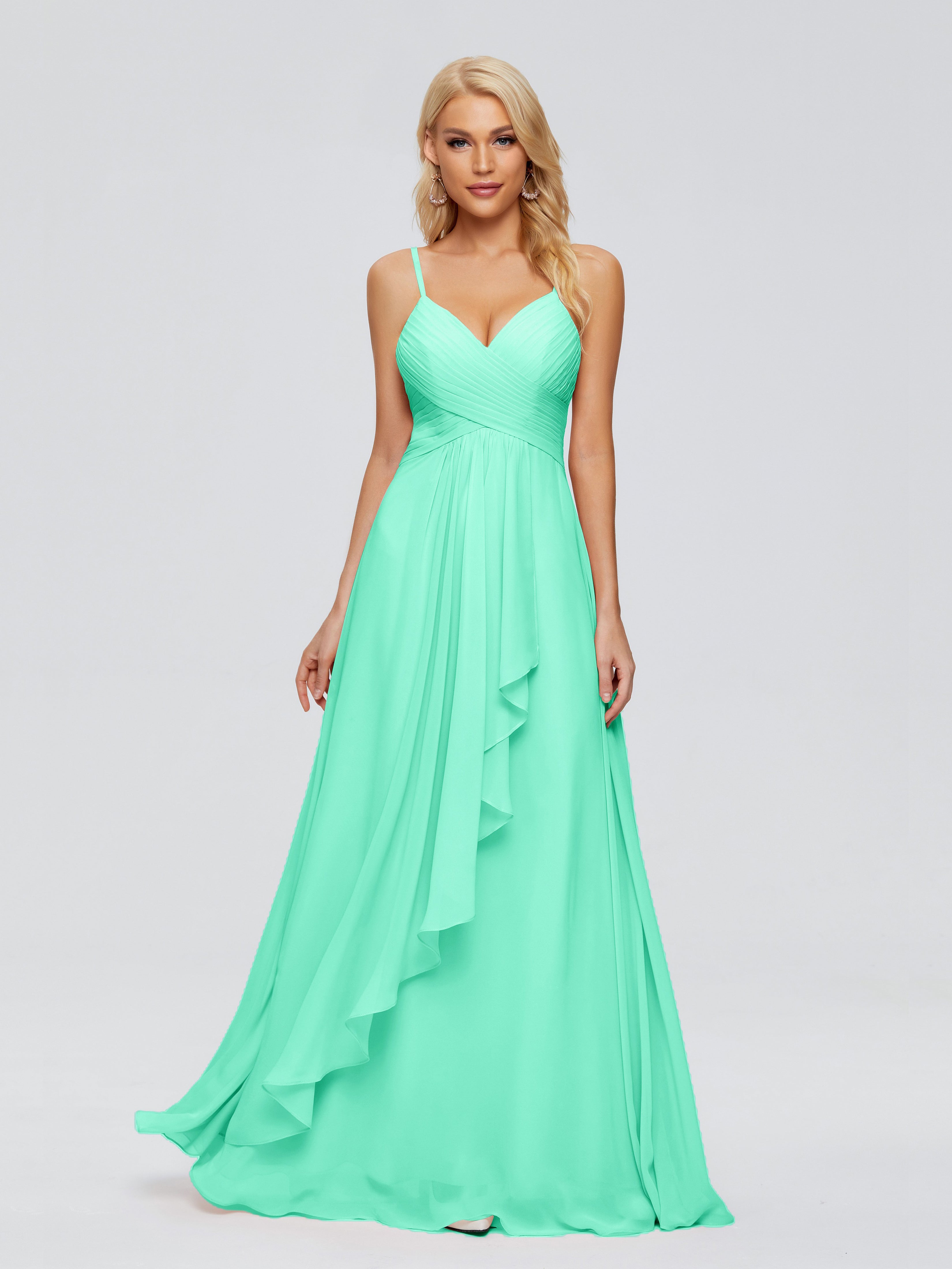 Robe Demoiselle D Honneur Bleu Turquoise Trapèze Bretelles Spaghetti Mousseline Robes Demoiselle D'Honneur