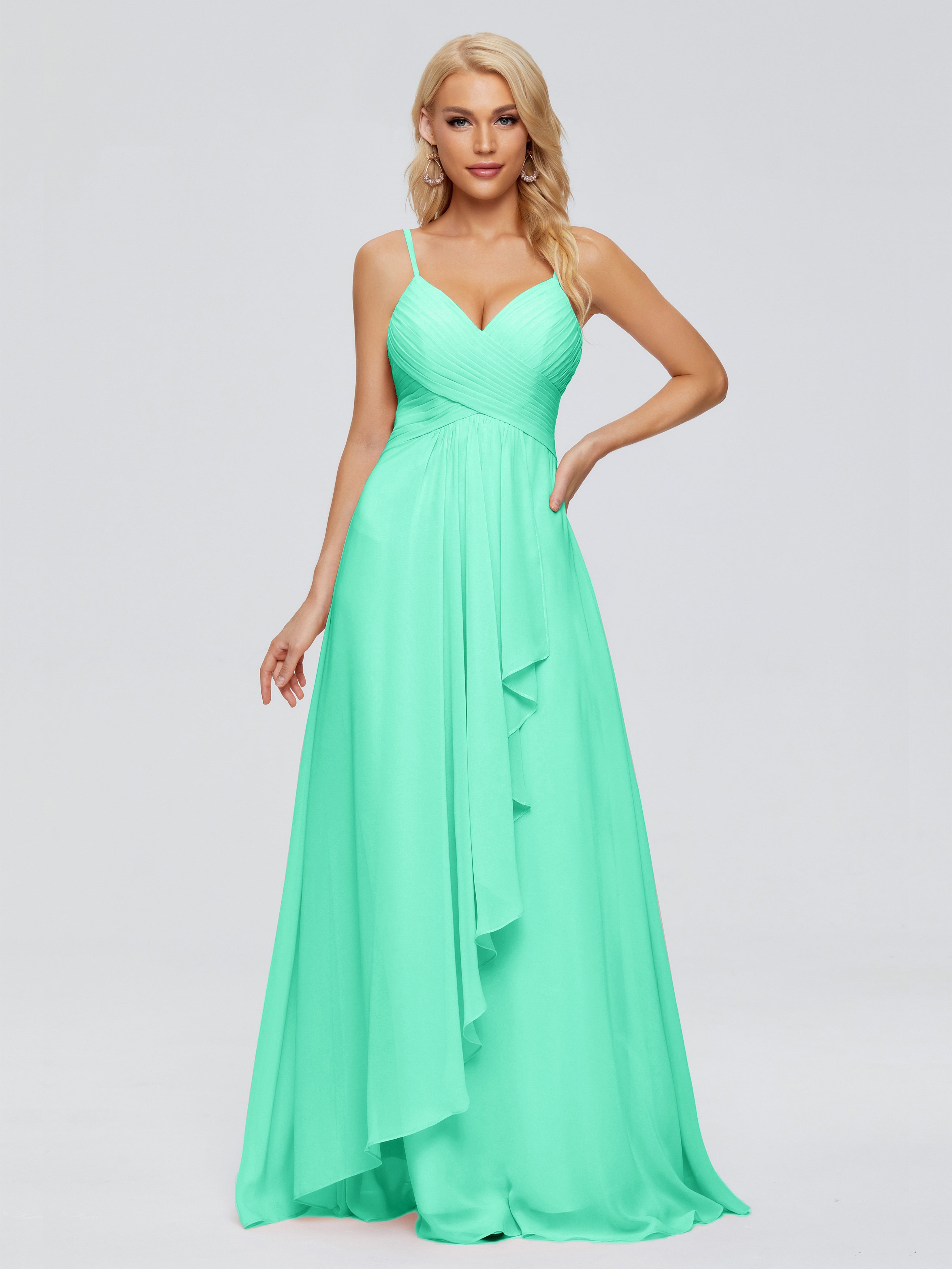 Robe Demoiselle D Honneur Bleu Turquoise Trapèze Bretelles Spaghetti Mousseline Robes Demoiselle D'Honneur
