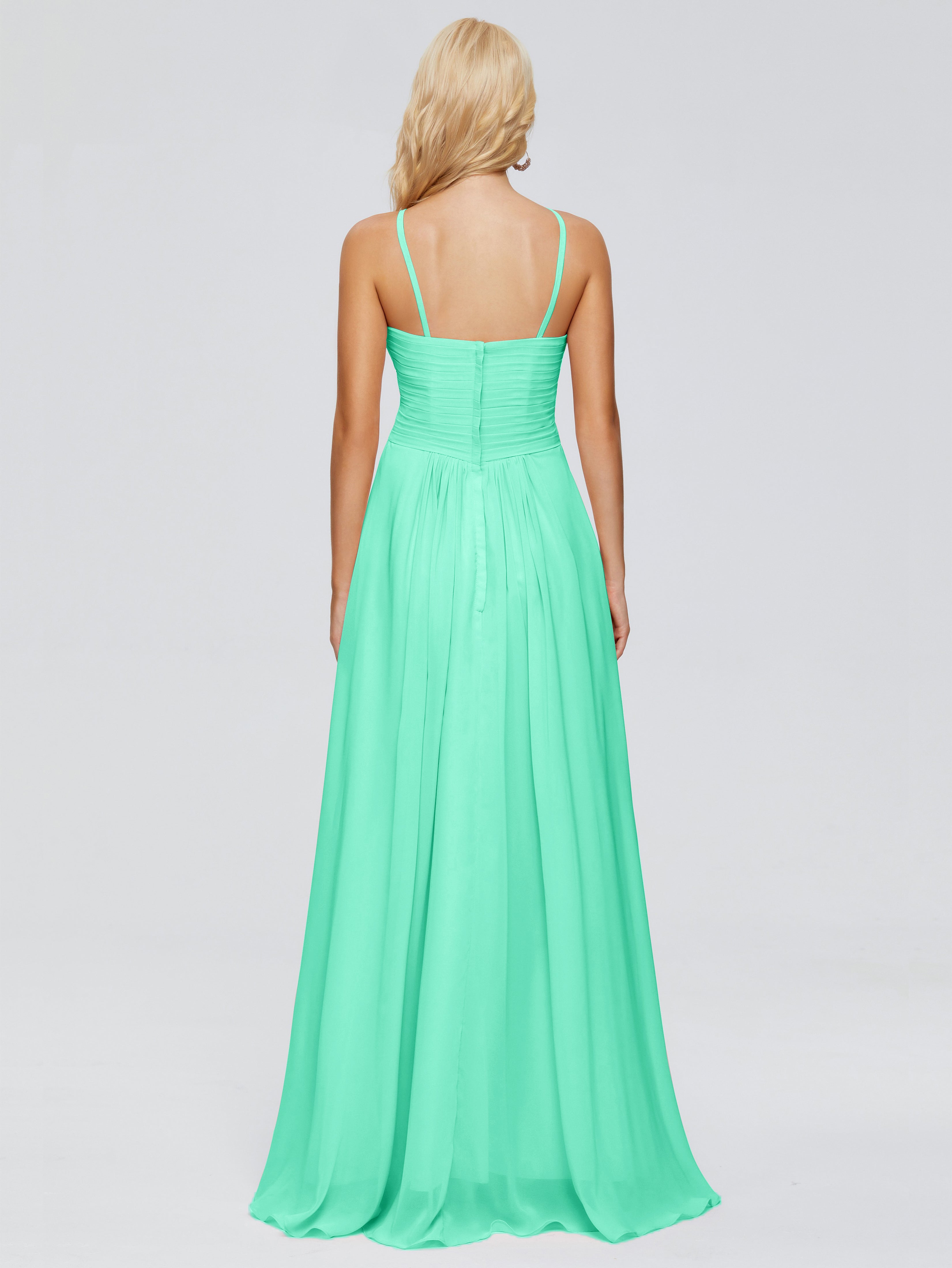 Robe Demoiselle D Honneur Bleu Turquoise Trapèze Bretelles Spaghetti Mousseline Robes Demoiselle D'Honneur
