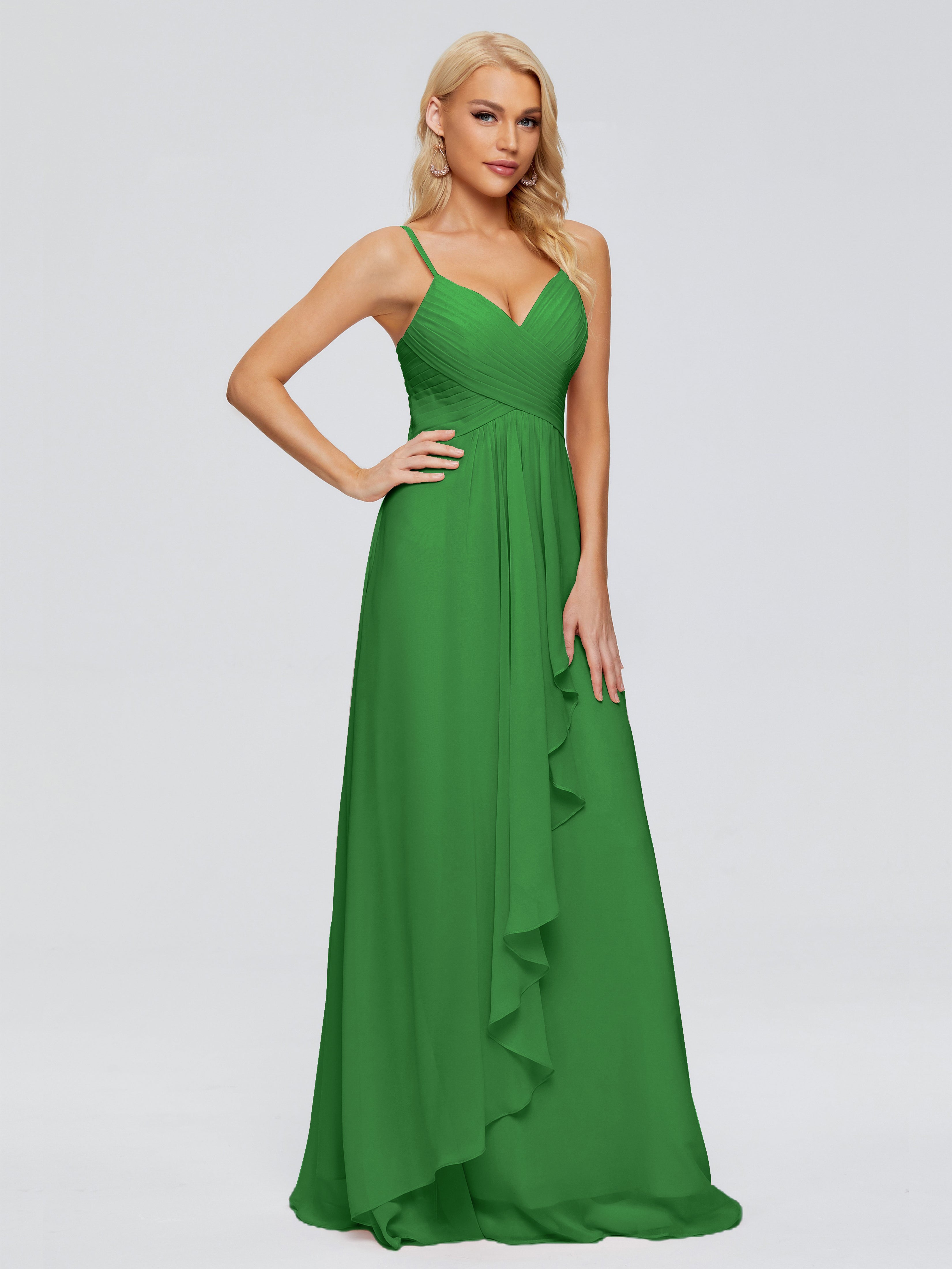 Robe Demoiselle D Honneur Vert Trapèze Bretelles Spaghetti Mousseline Robes Demoiselle D'Honneur