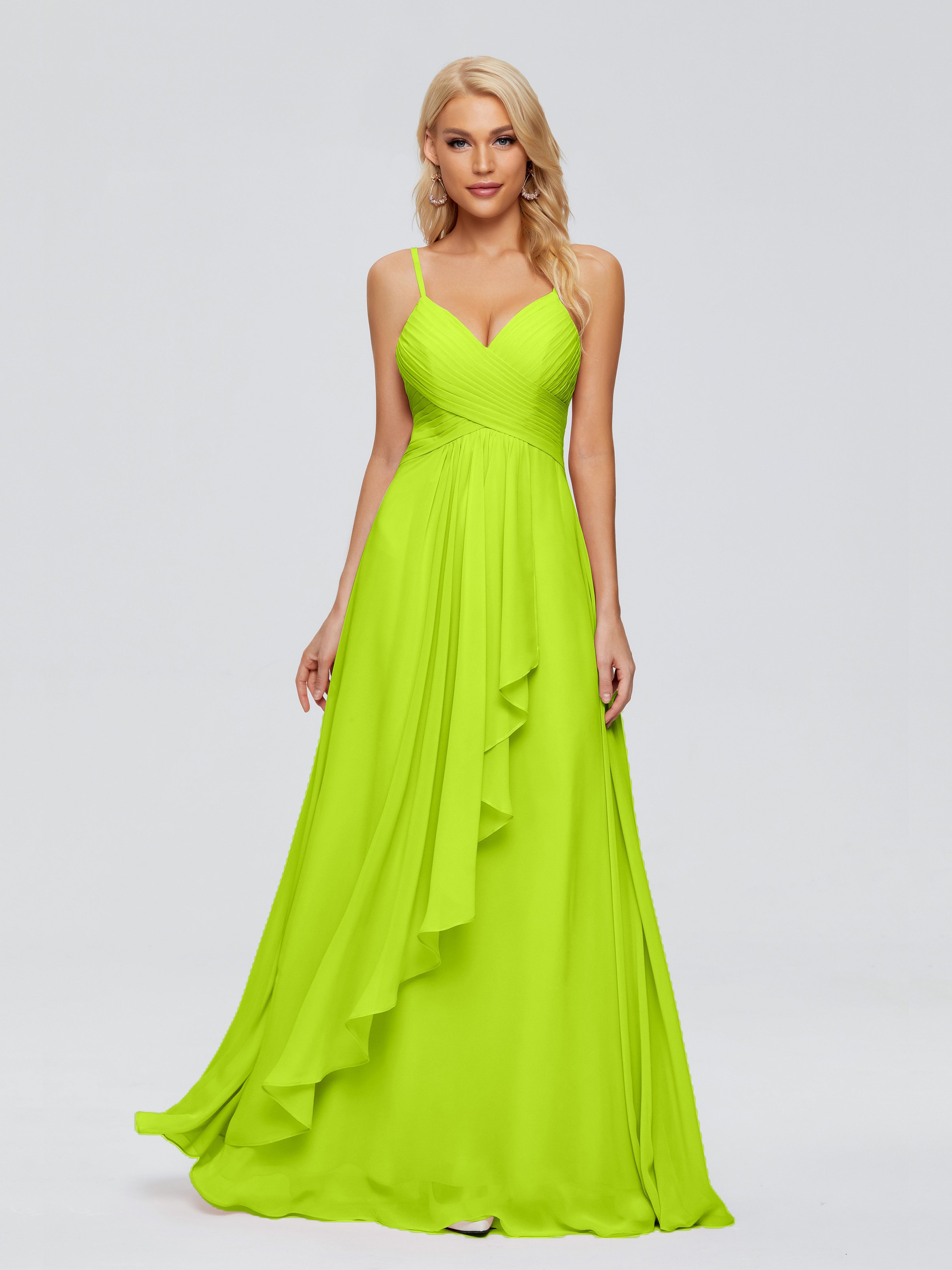 Robes De Demoiselle D'Honneur Vert Citron Trapèze Bretelles Spaghetti Mousseline Robes Demoiselle D'Honneur