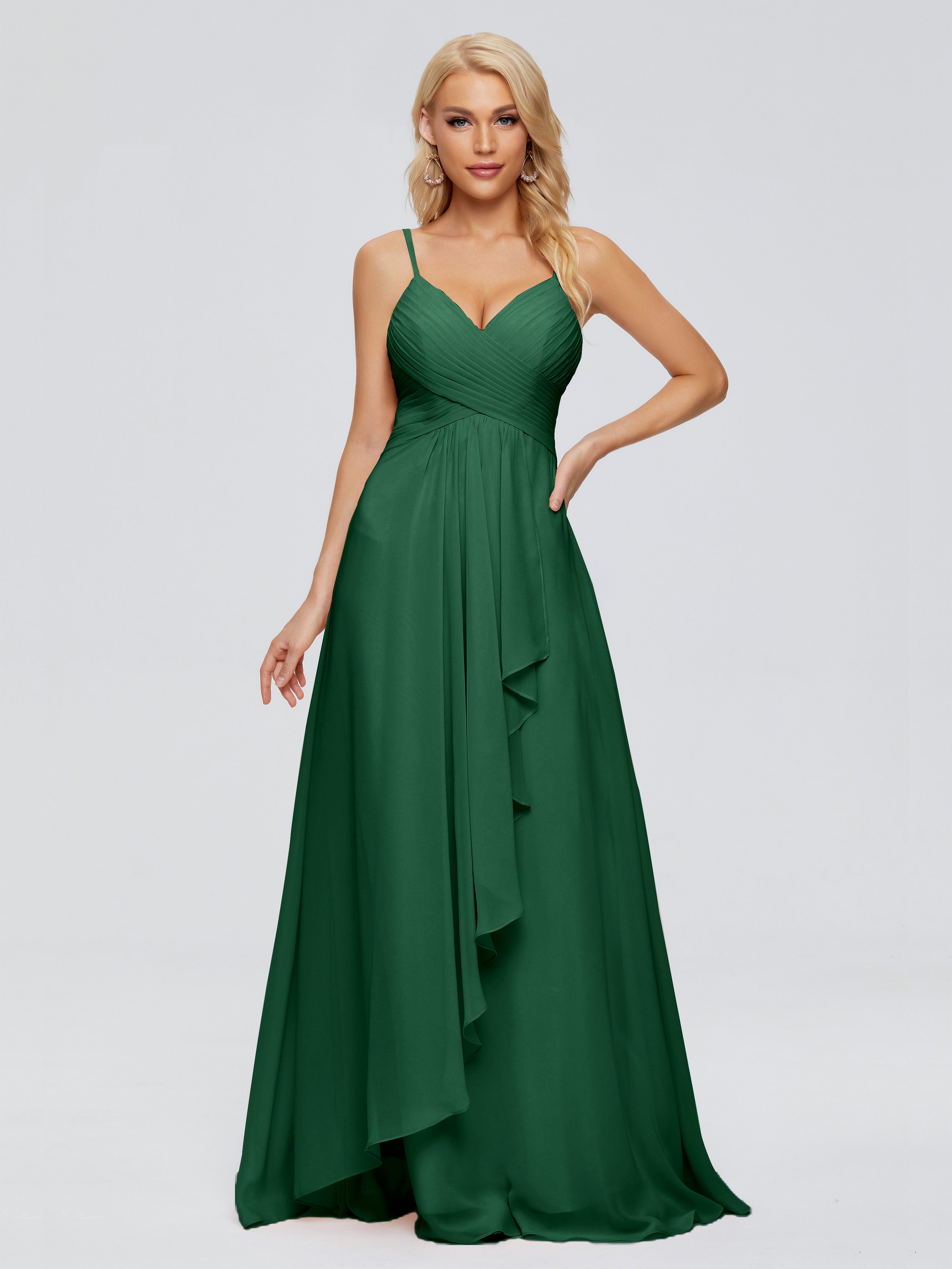 Demoiselle D'Honneur Vert Foncé Trapèze Bretelles Spaghetti Mousseline Robes Demoiselle D'Honneur