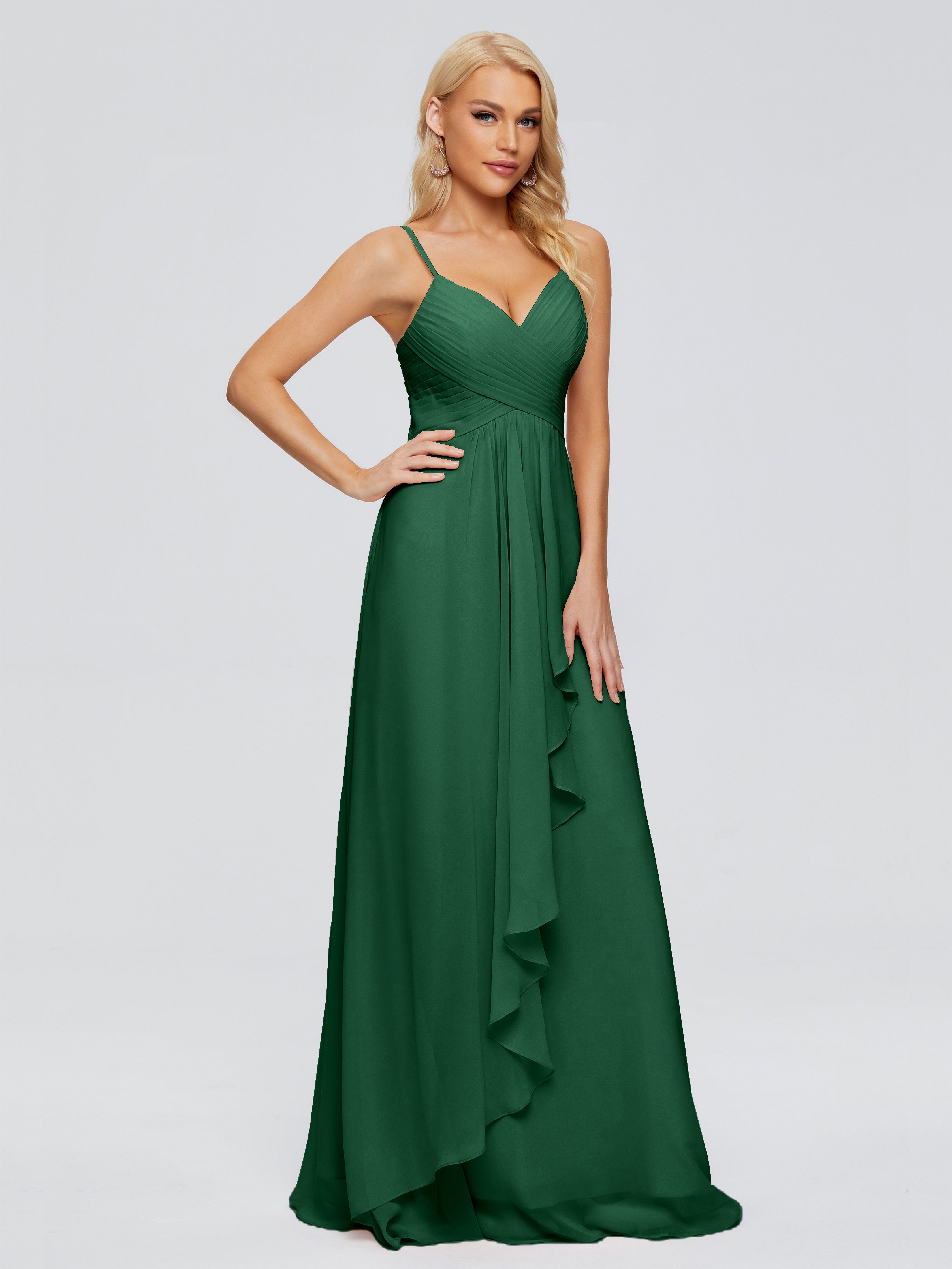 Demoiselle D'Honneur Vert Foncé Trapèze Bretelles Spaghetti Mousseline Robes Demoiselle D'Honneur