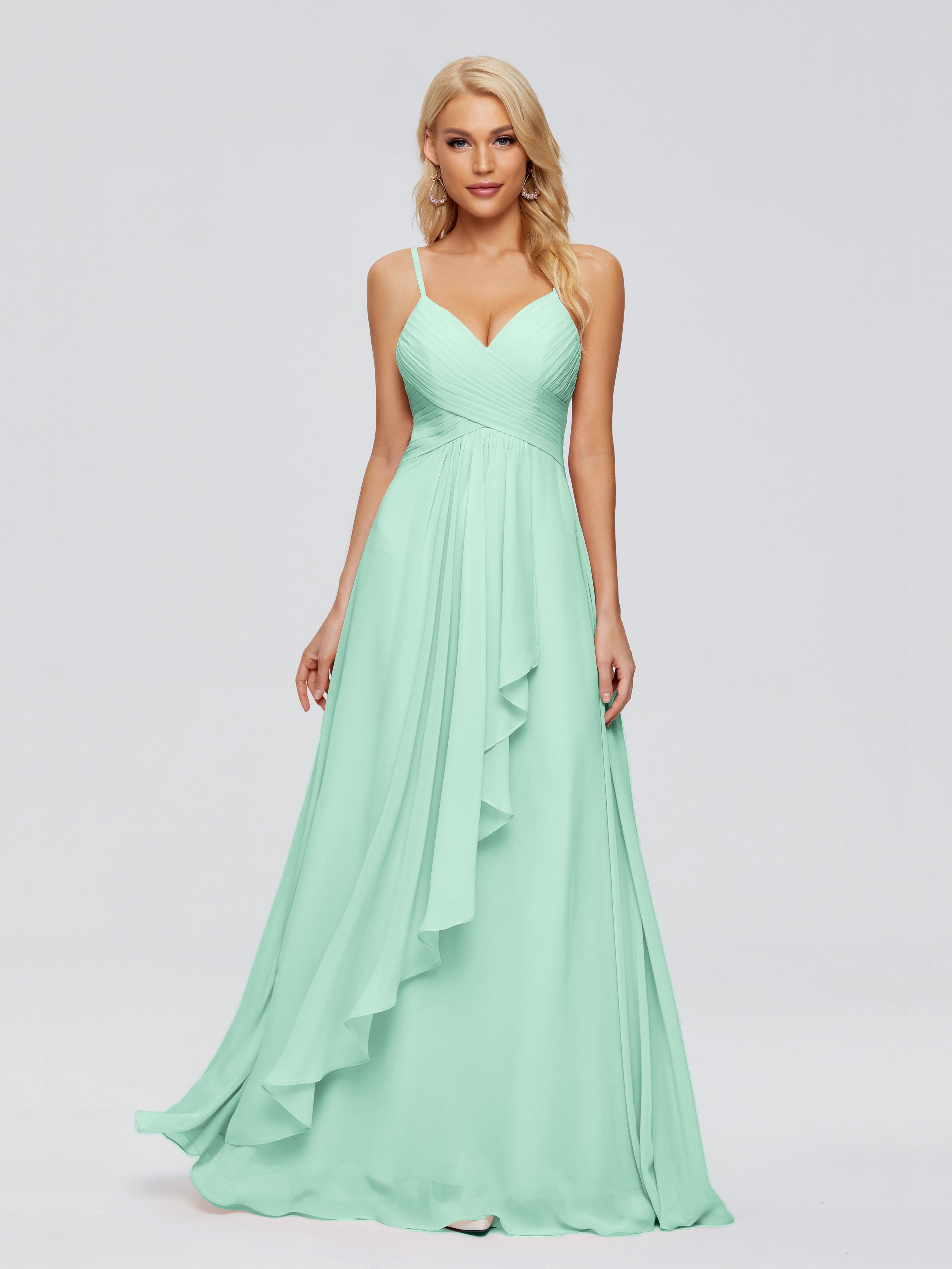 Robe Vert Menthe Demoiselle D Honneur Trapèze Bretelles Spaghetti Mousseline Robes Demoiselle D'Honneur