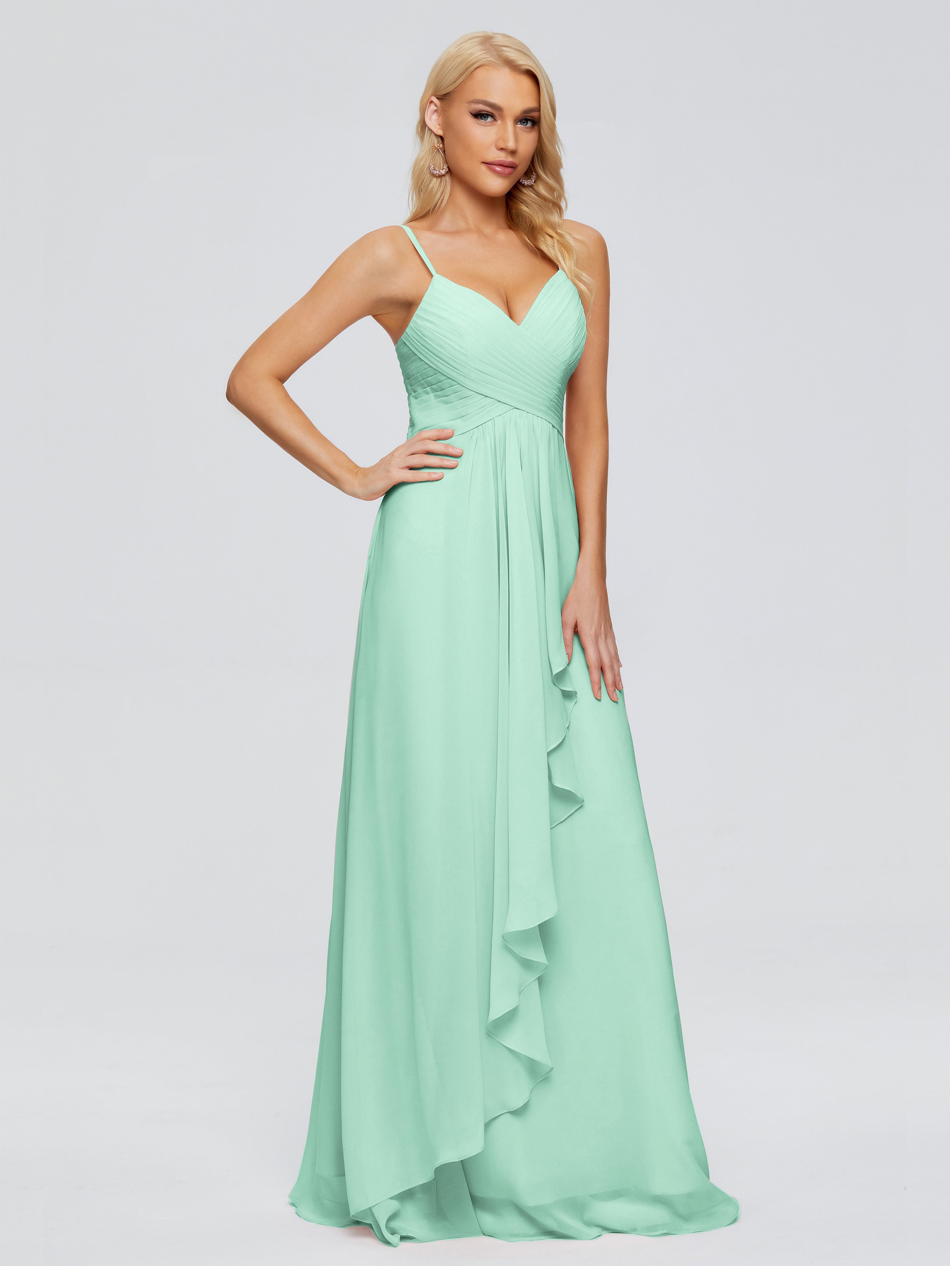 Robe Vert Menthe Demoiselle D Honneur Trapèze Bretelles Spaghetti Mousseline Robes Demoiselle D'Honneur