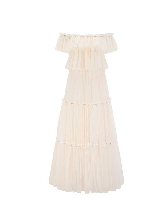 Robe Trapèze Épaule Dénudée Sans Manches Robe de Soirée en Abricot