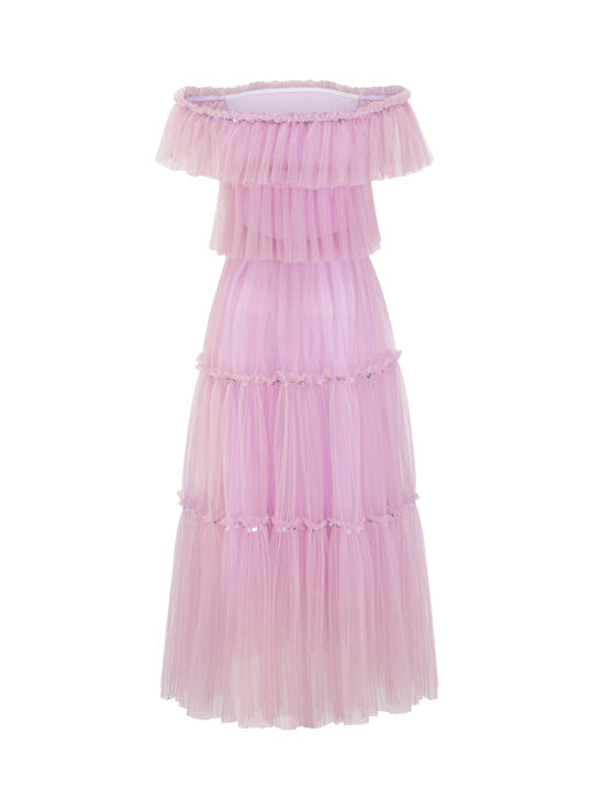 Robe Trapèze Épaule Dénudée Sans Manches Robe de Soirée en Rose