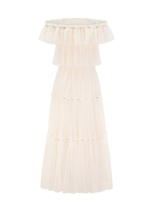 Robe Trapèze Épaule Dénudée Sans Manches Robe de Soirée en Abricot