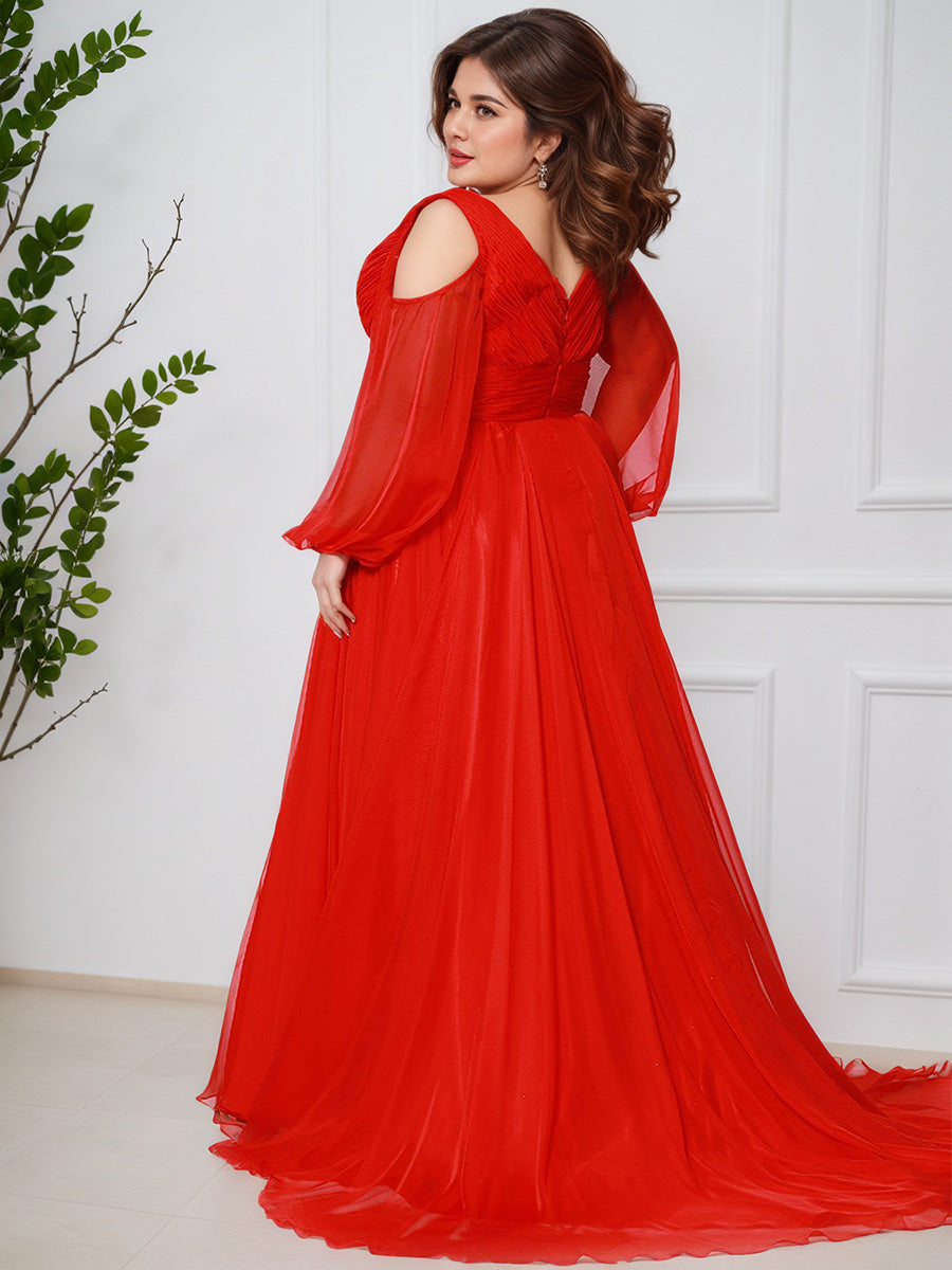 Cicinia Rouge Robe de Bal Longue avec Décolleté en V et Fente Ligne A Grande Taille