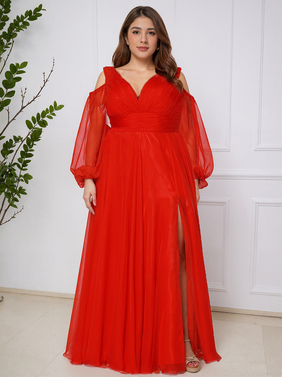 Cicinia Rouge Robe de Bal Longue avec Décolleté en V et Fente Ligne A Grande Taille