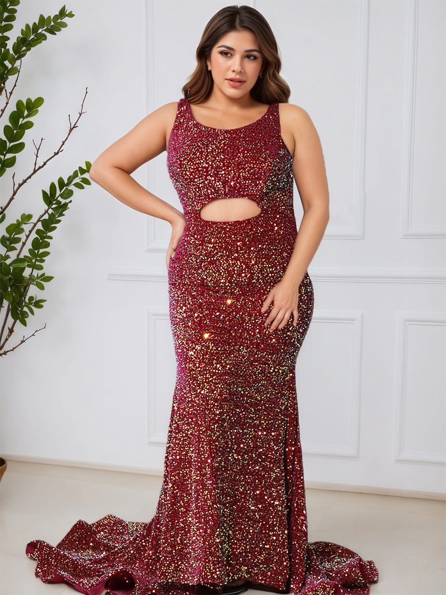 Cicinia BORDEAUX Robe de Bal Sirène Longue Élégante en Paillettes sans Manches à Décolleté Ronde Grande Taille