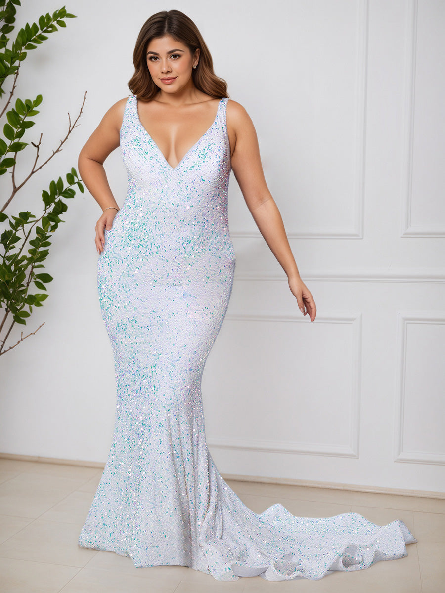 Cicinia Blanc Robe de Bal Sirène Longue Magnifique en Paillettes Brillantes à Décolleté en V Grande Taille
