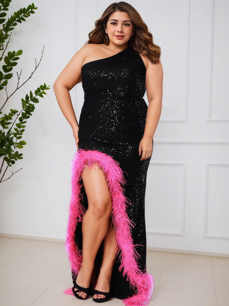 Cicinia Noir et Rose Robe de Bal Longue Éblouissante Fourreau à Paillettes Une Épaule Grande Taille