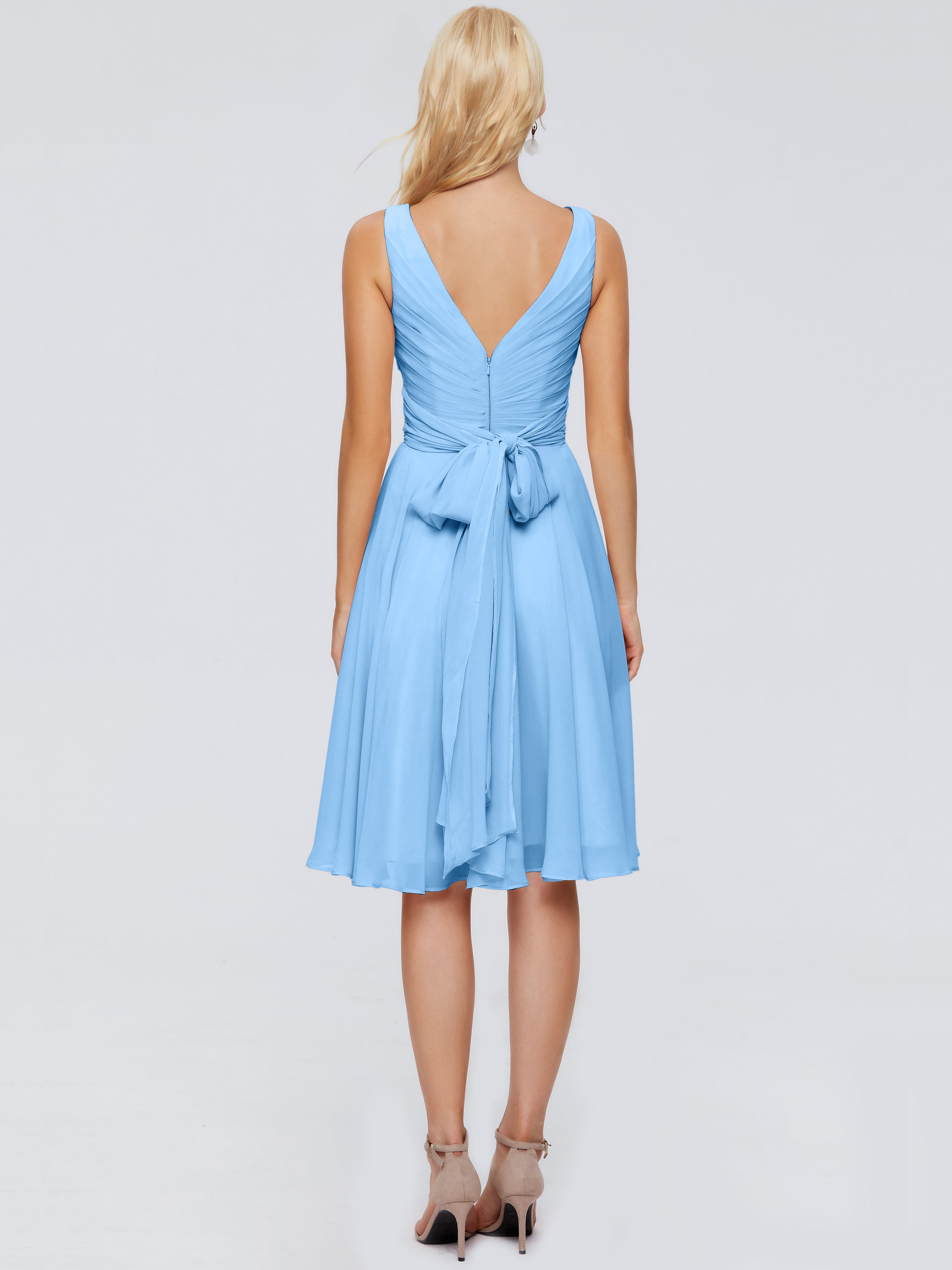 Robe Demoiselle Dhonneur Bleu Col V Longueur Genou Mousseline Robes Demoiselle D'Honneur