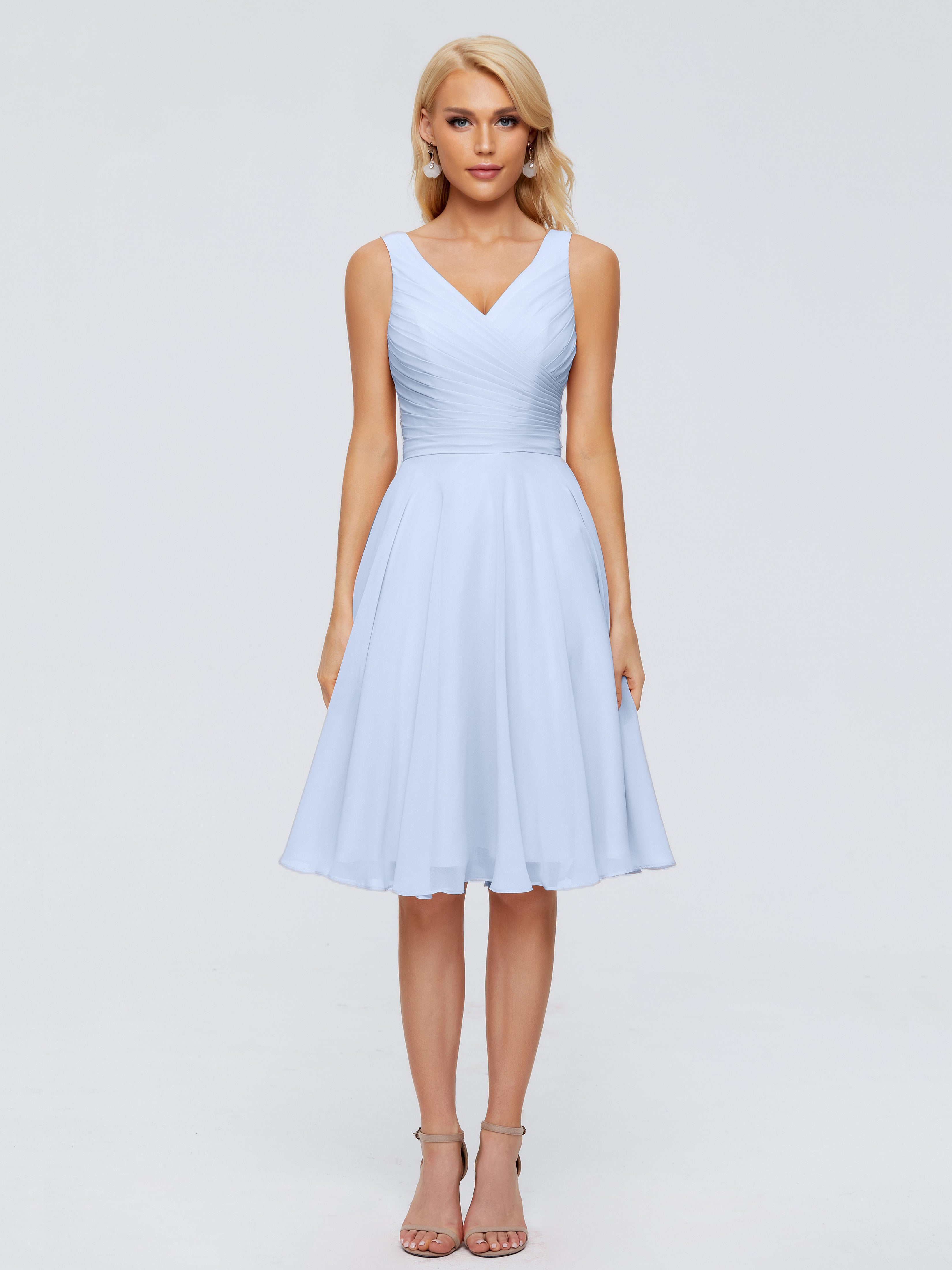 Robe De Demoiselle D Honneur Bleu Ciel Col V Longueur Genou Mousseline Robes Demoiselle D'Honneur