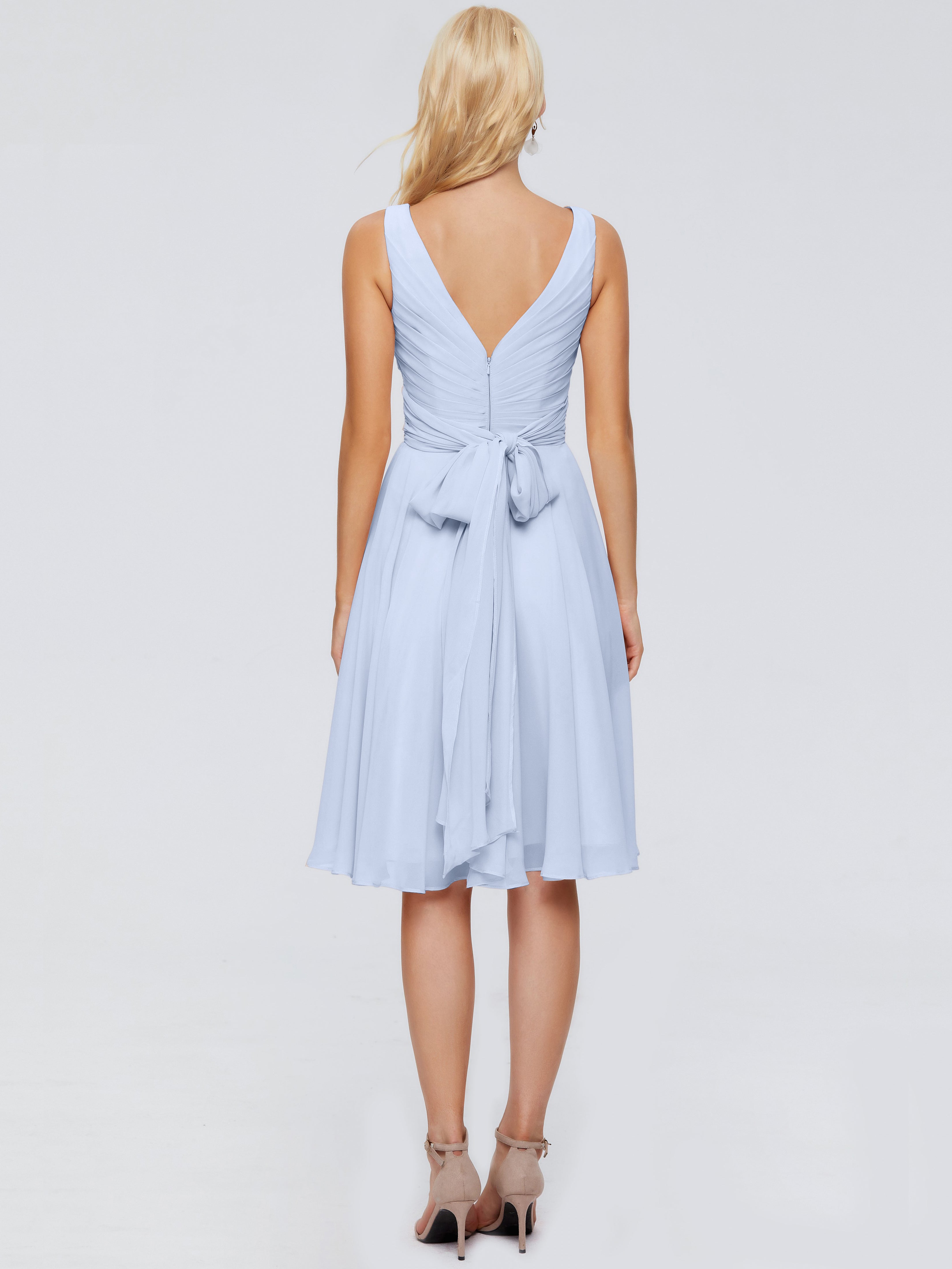 Robe De Demoiselle D Honneur Bleu Ciel Col V Longueur Genou Mousseline Robes Demoiselle D'Honneur