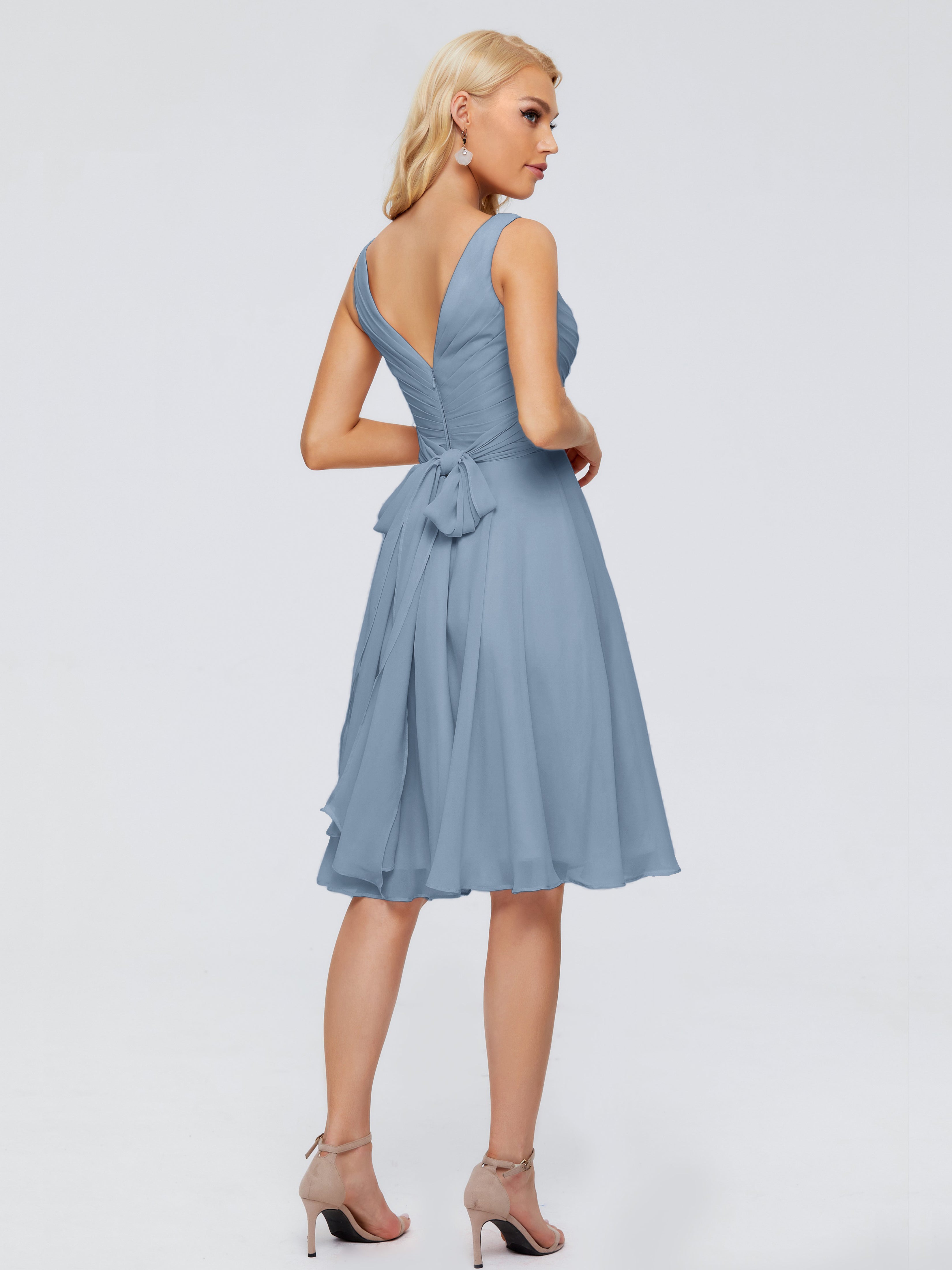 Robes De Demoiselle D'Honneur Bleu De Schiste Col V Longueur Genou Mousseline Robes Demoiselle D'Honneur