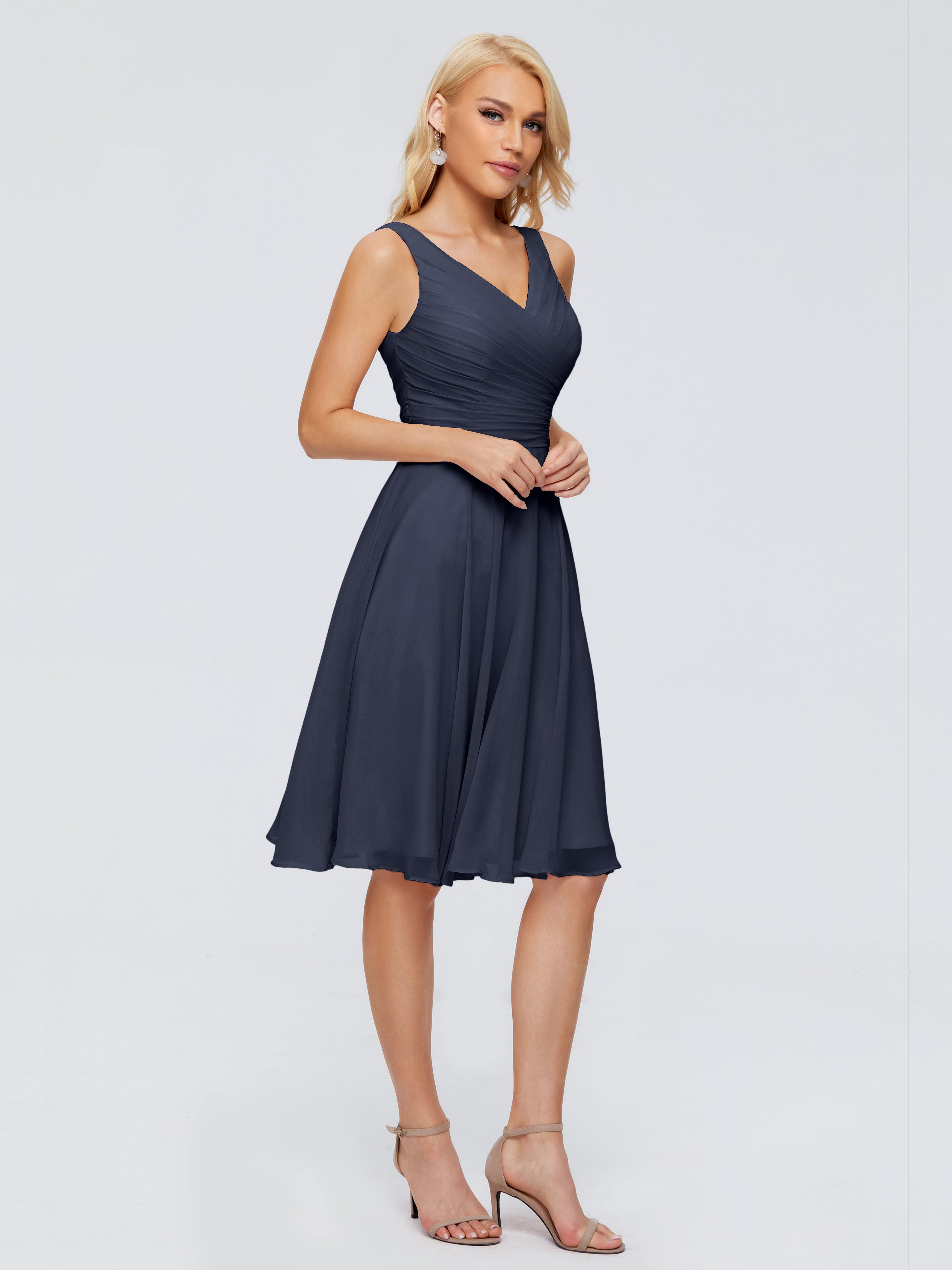 Demoiselle D'Honneur Bleu Marine Col V Longueur Genou Mousseline Robes Demoiselle D'Honneur